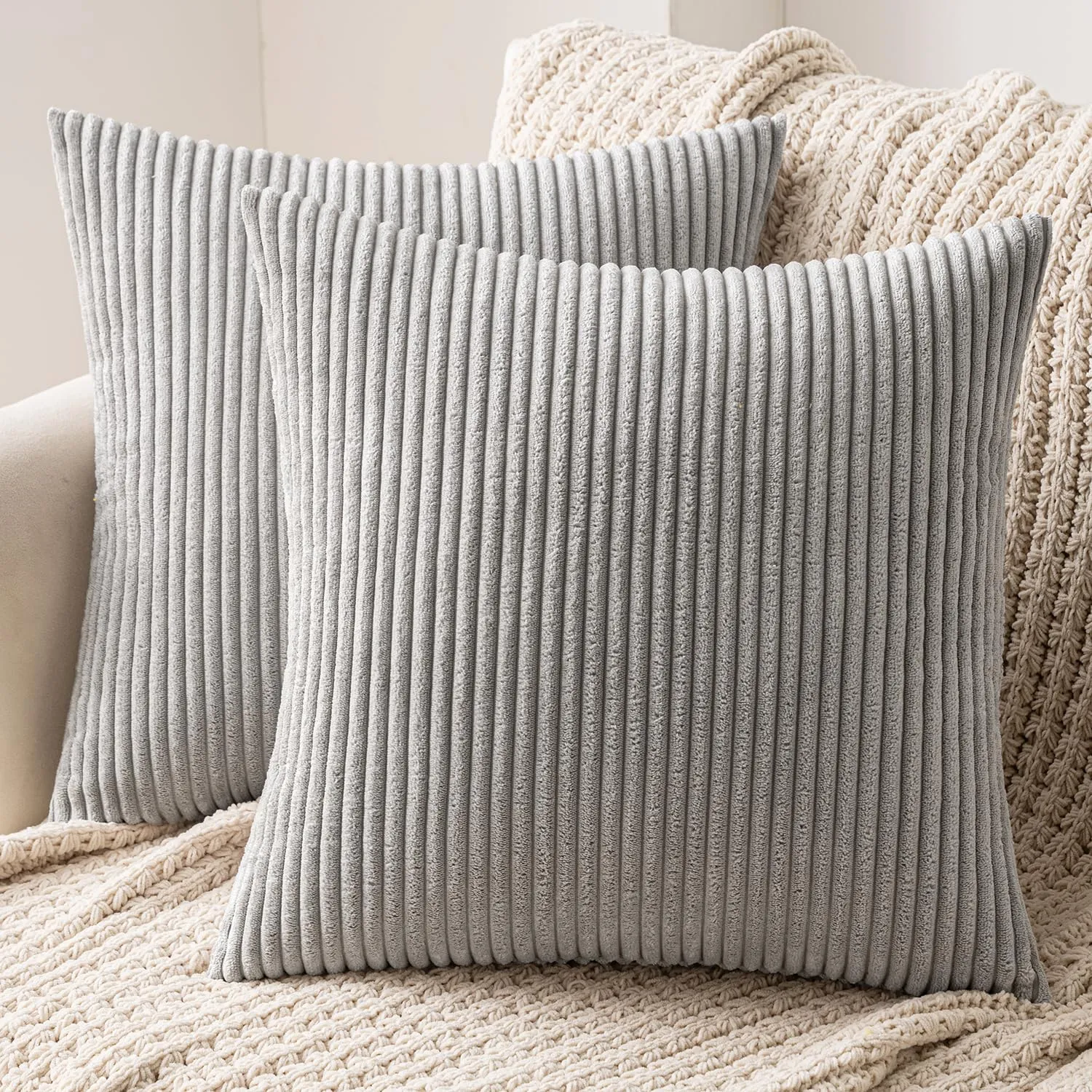 MIULEE Fodere in Velluto a Coste, 40 x 40 cm, Grigio Chiaro, Confezione da 2 - immagine 1