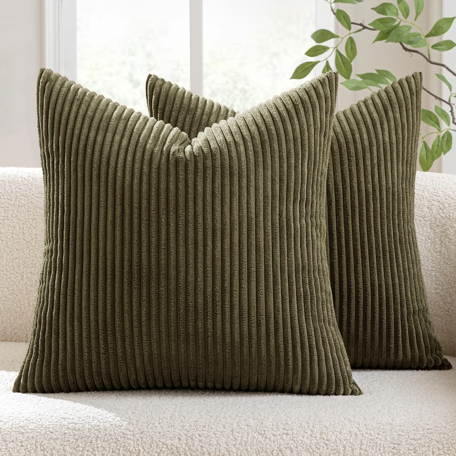 MIULEE Copricuscini in Velluto a Coste, 2 Pezzi, 40x40cm, Verde Oliva - immagine 1