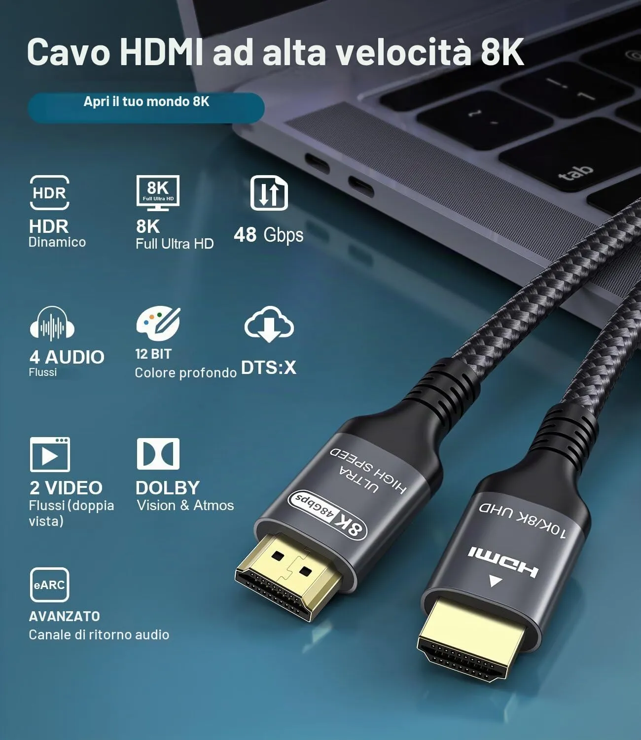 Adauxter Cavo HDMI 2.1 10K 8K 4K 7.5m - immagine 6