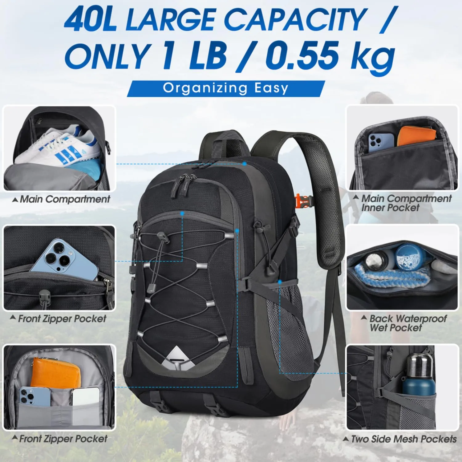 IGOLUMON Zaino Trekking 40 Litri Ultraleggero Pieghevole Impermeabile con Strisce Riflettenti - immagine 2