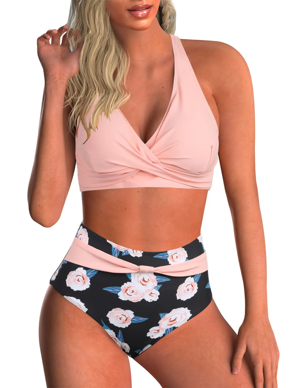 Adigaber Costume da Bagno Bikini Due Pezzi Donna Vita Alta Stampato Floreale Rosa - immagine 1