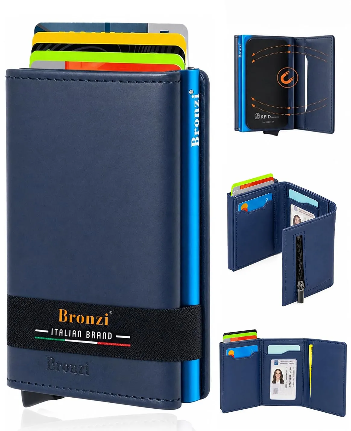 Bronzi Portafoglio Porta Carte Credito Slim per Uomo, Protezione RFID, Blu - immagine 1