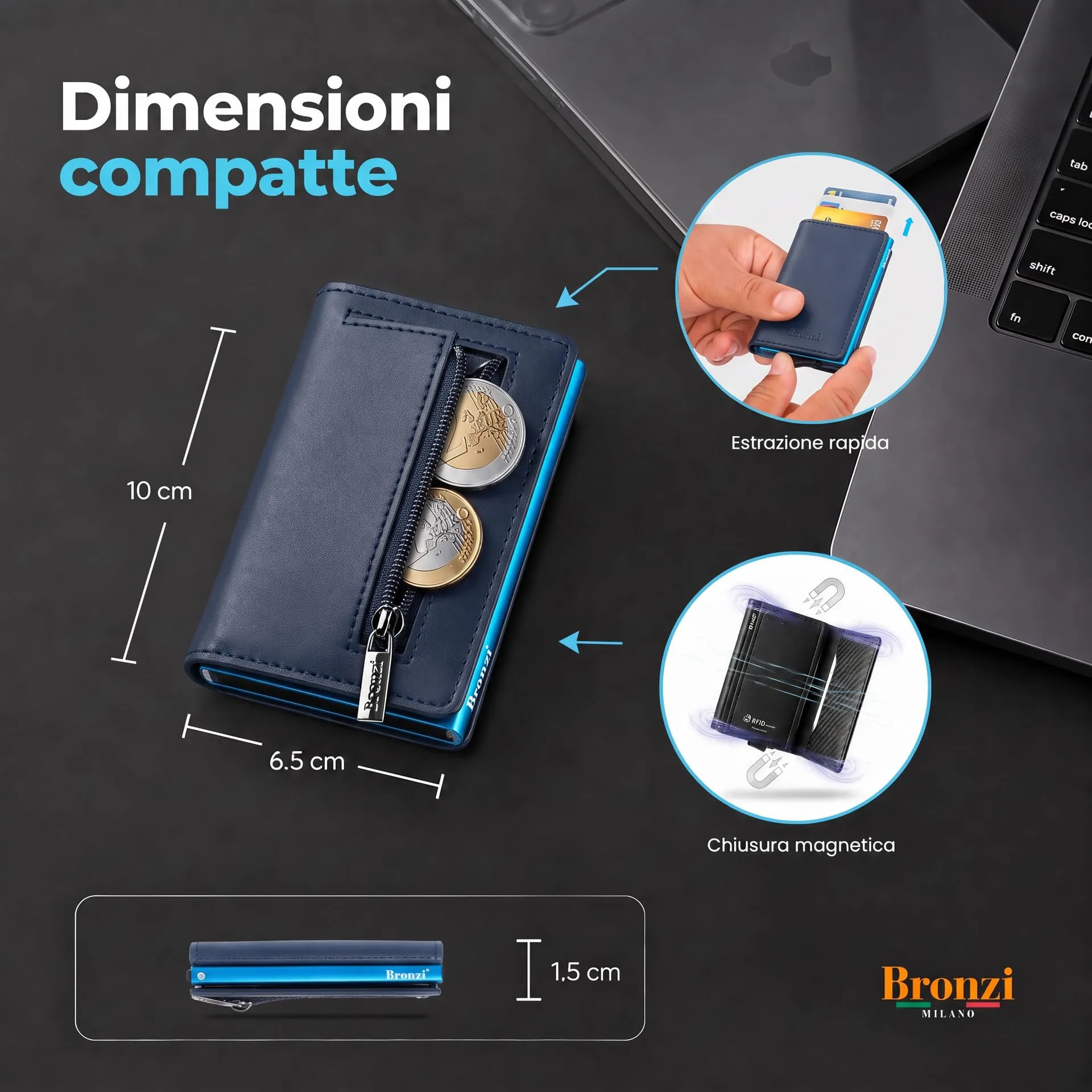 Bronzi Portafoglio Porta Carte Credito Slim per Uomo, Protezione RFID, Blu - immagine 2