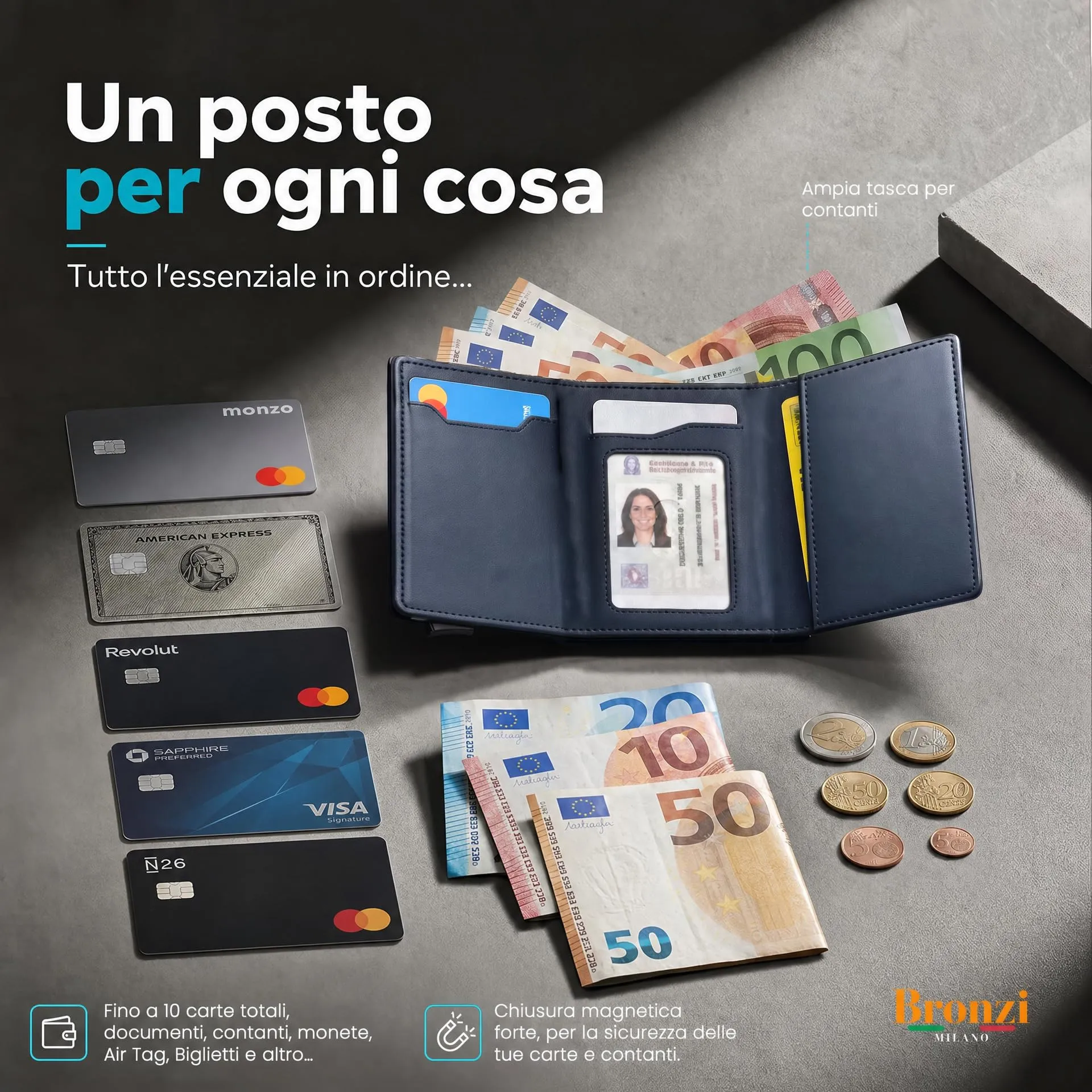 Bronzi Portafoglio Porta Carte Credito Slim per Uomo, Protezione RFID, Blu - immagine 3