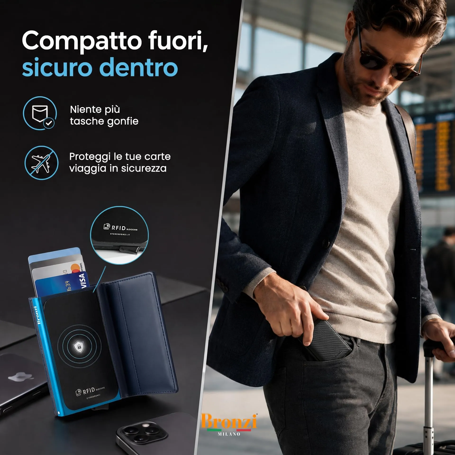 Bronzi Portafoglio Porta Carte Credito Slim per Uomo, Protezione RFID, Blu - immagine 4
