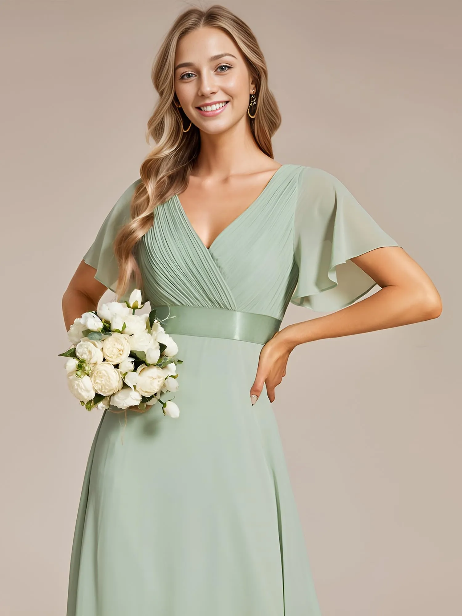 Ever-Pretty Vestito da Sera e Cerimonia Donna Scollo a V Linea ad A con Spacco Menta Verde 56 - immagine 5