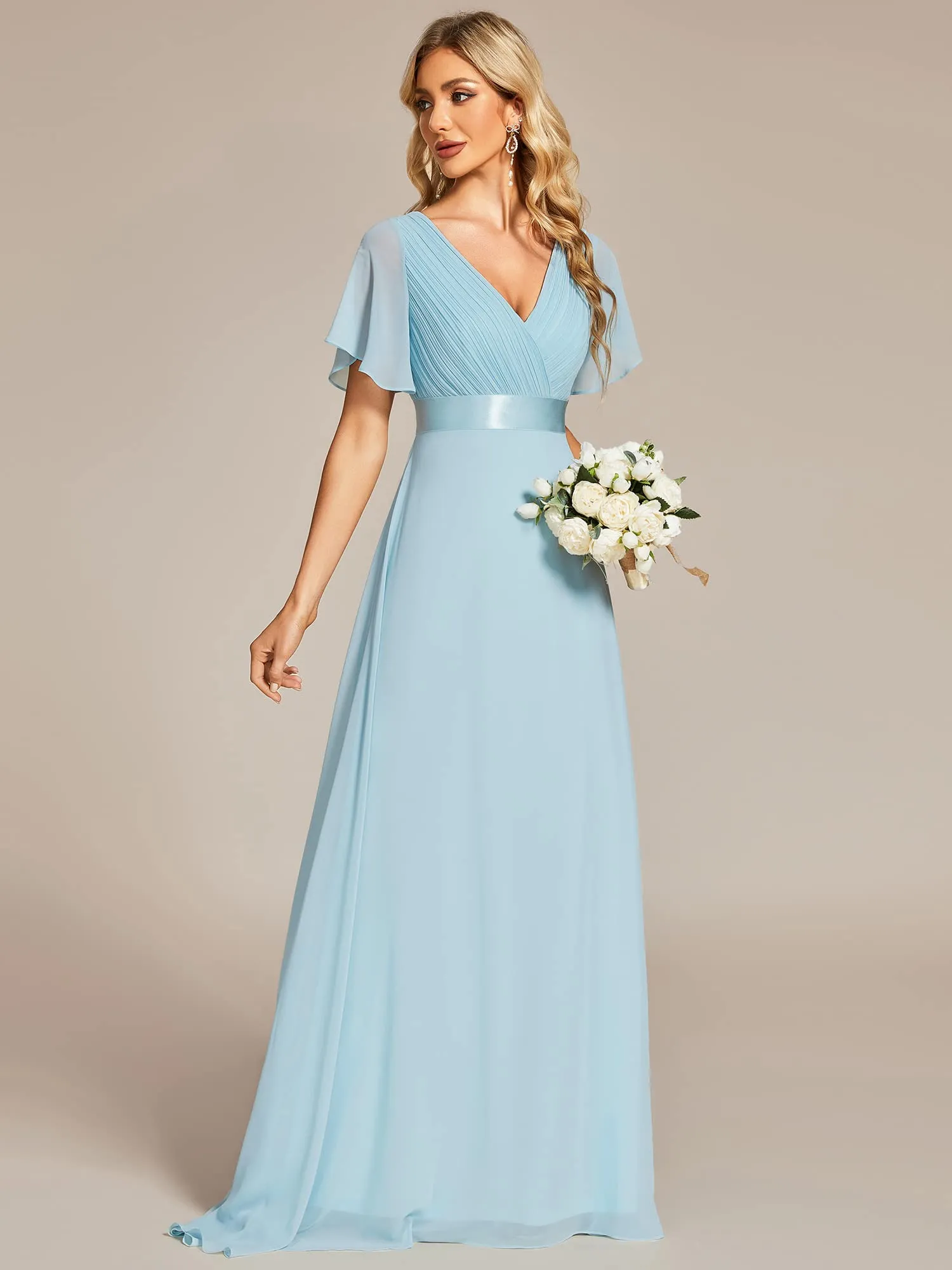 Ever-Pretty Vestito da Cerimonia Donna Scollo a V Linea ad A con Spacco Cielo Blu 38 - immagine 4