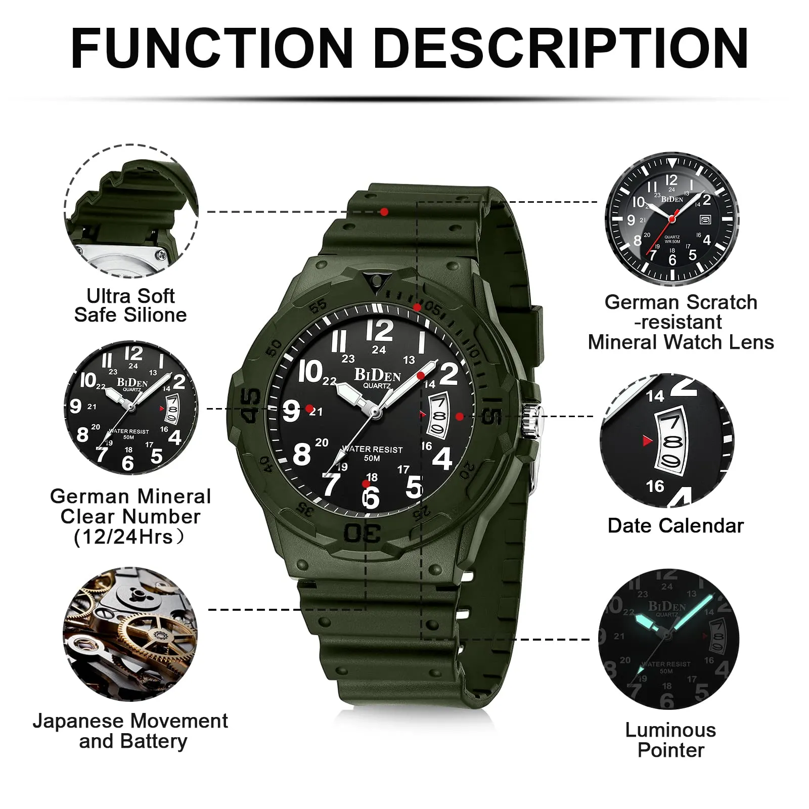 HANPOSH Orologio Uomo Analogico Quarzo Impermeabile con Data Luminosa R009 - immagine 7