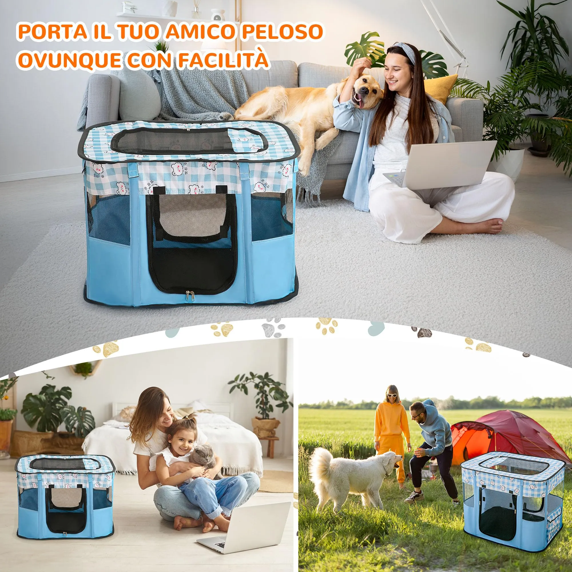 ALLSOPETS Recinto per Cani da Interno Pieghevole, Orsi Blu, XXL - immagine 2