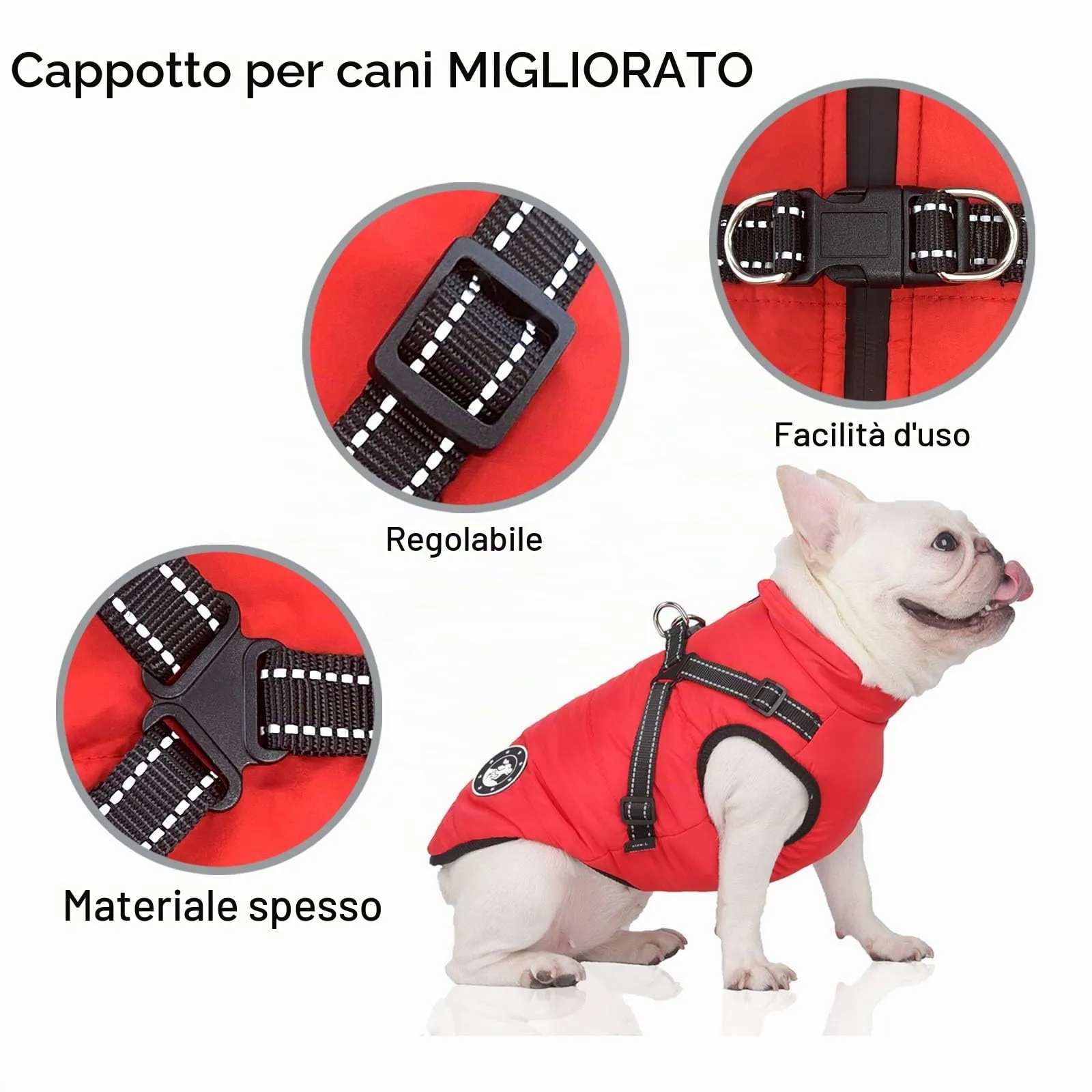LUOWAN Cappotto Invernale Impermeabile per Cani di Piccola Taglia con Imbracatura e Strisce Riflettenti, Rosso, Taglia 16 - immagine 4