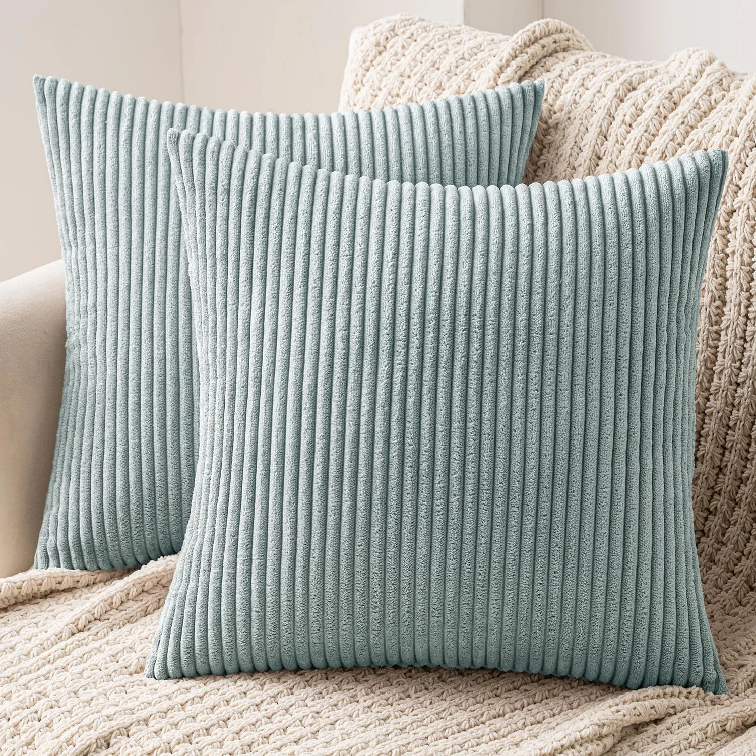 MIULEE Copricuscini in Velluto a Coste, 50x50cm, Bianco Verdastro, Set da 2 Pezzi - immagine 1