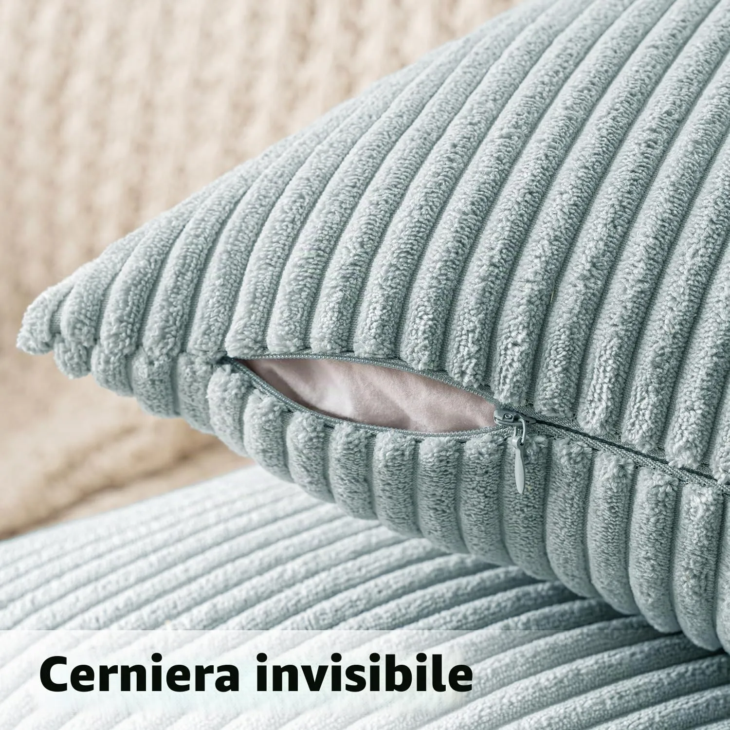 MIULEE Copricuscini in Velluto a Coste, 50x50cm, Bianco Verdastro, Set da 2 Pezzi - immagine 3