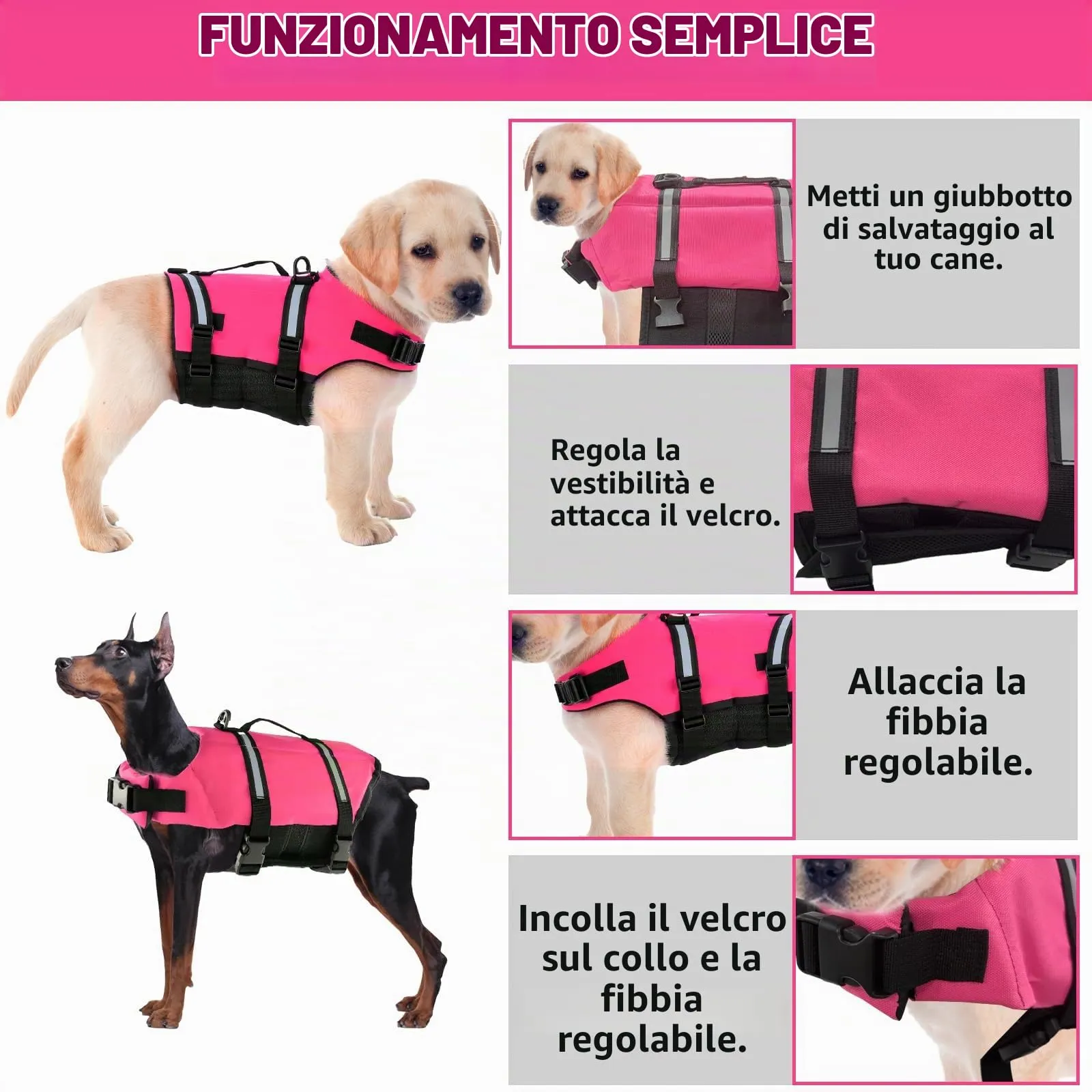 FainFun Giubbotto di Salvataggio per Cani, Rosa, L - immagine 4
