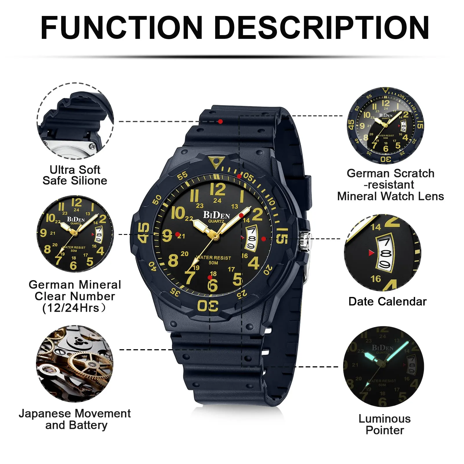 HANPOSH Orologio Uomo Analogico Quarzo Impermeabile con Data Luminosa R009 - immagine 7