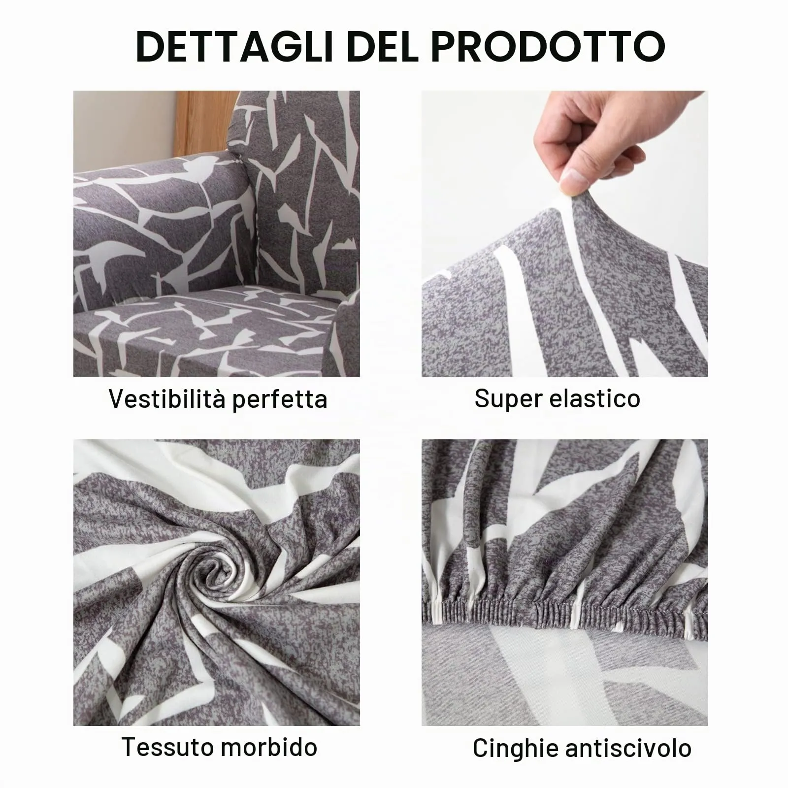 Jaotto Copridivano Elasticizzato 4 Posti, Fodera Antiscivolo e Antimacchia con Braccioli, Linea Grigio - immagine 3