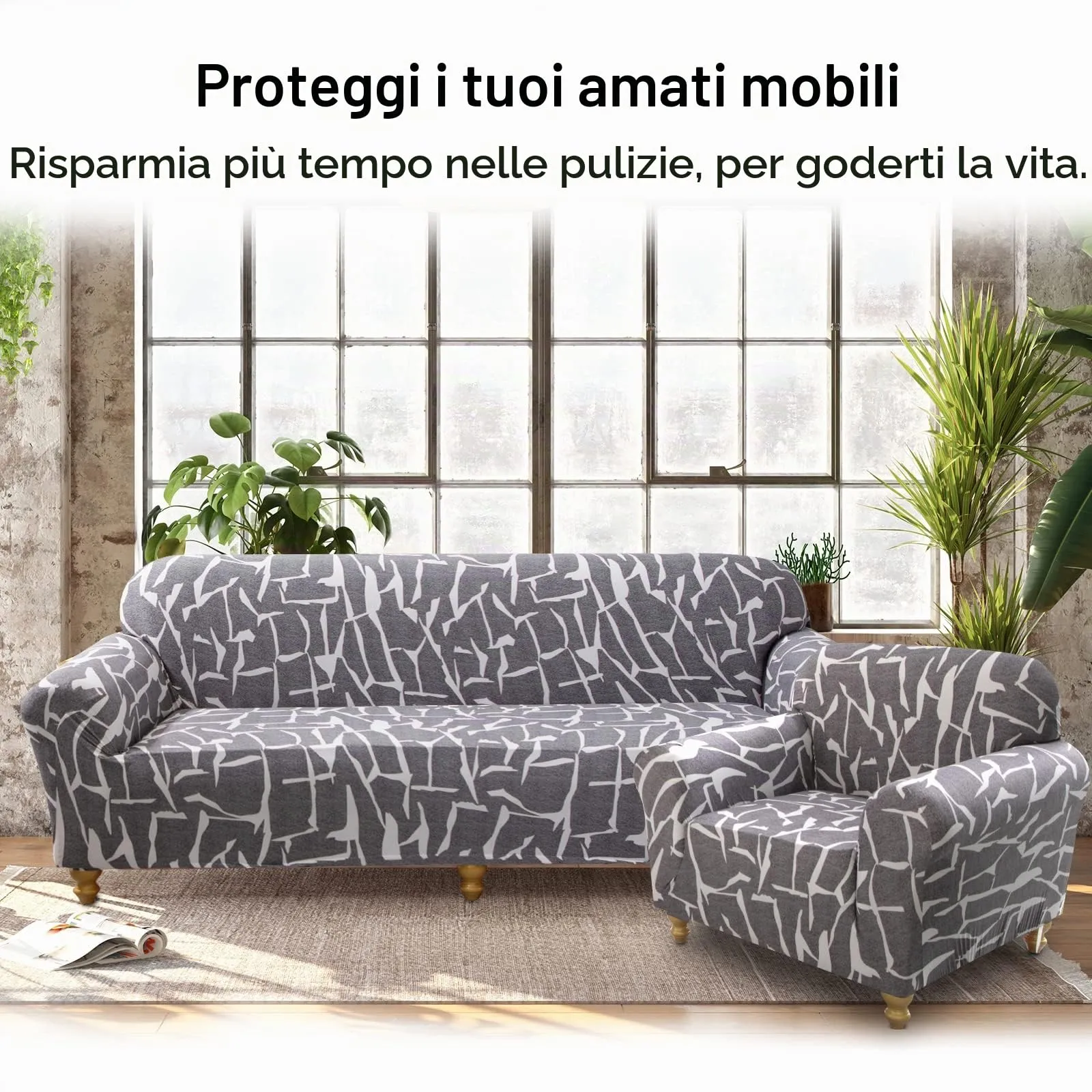 Jaotto Copridivano Elasticizzato 1 Posto, Fodera Antiscivolo e Antimacchia con Braccioli, Linea Grigio - immagine 3