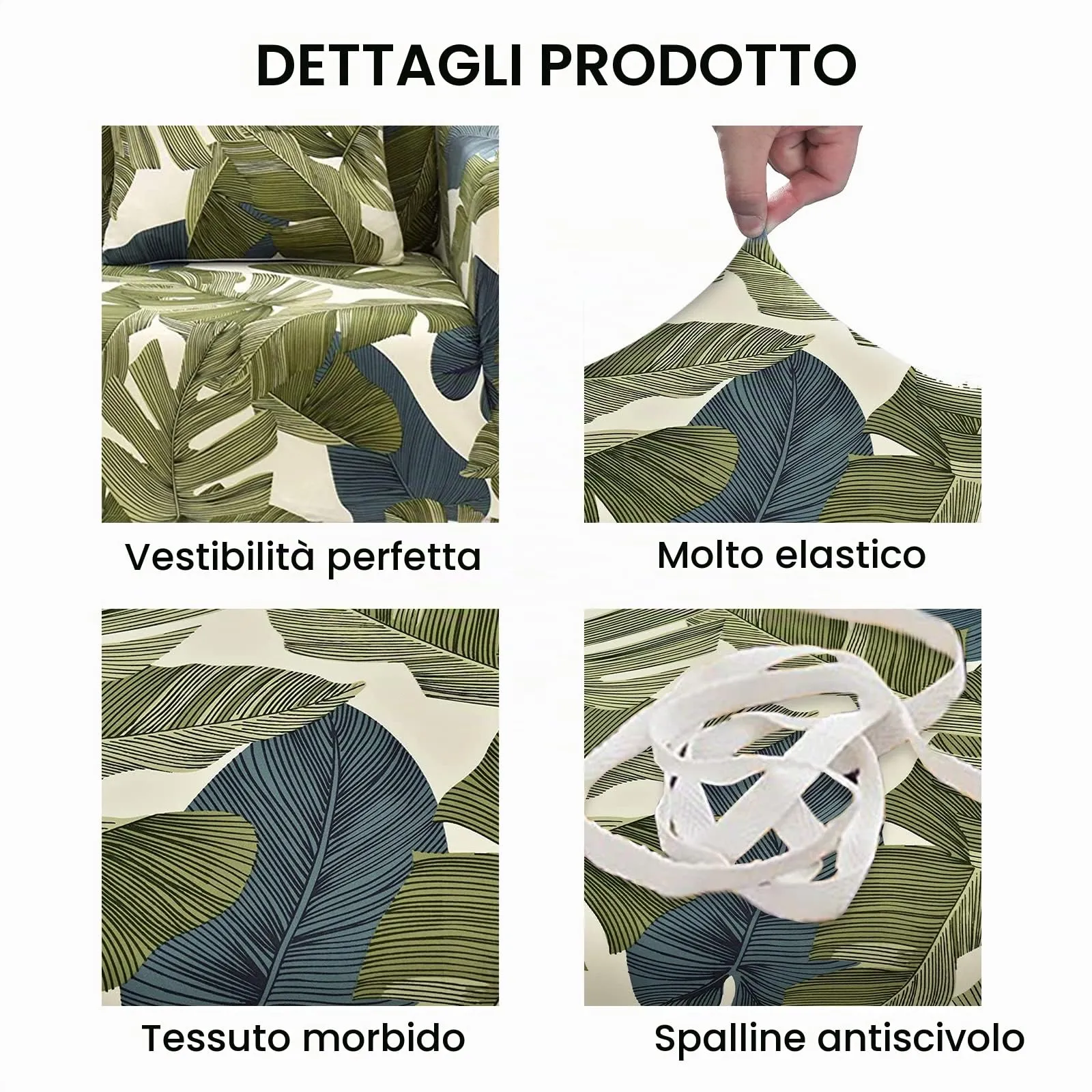 Jaotto Copridivano Elasticizzato 1 Posto, Fantasia Foglie Verdi, Antiscivolo e Antimacchia - immagine 4