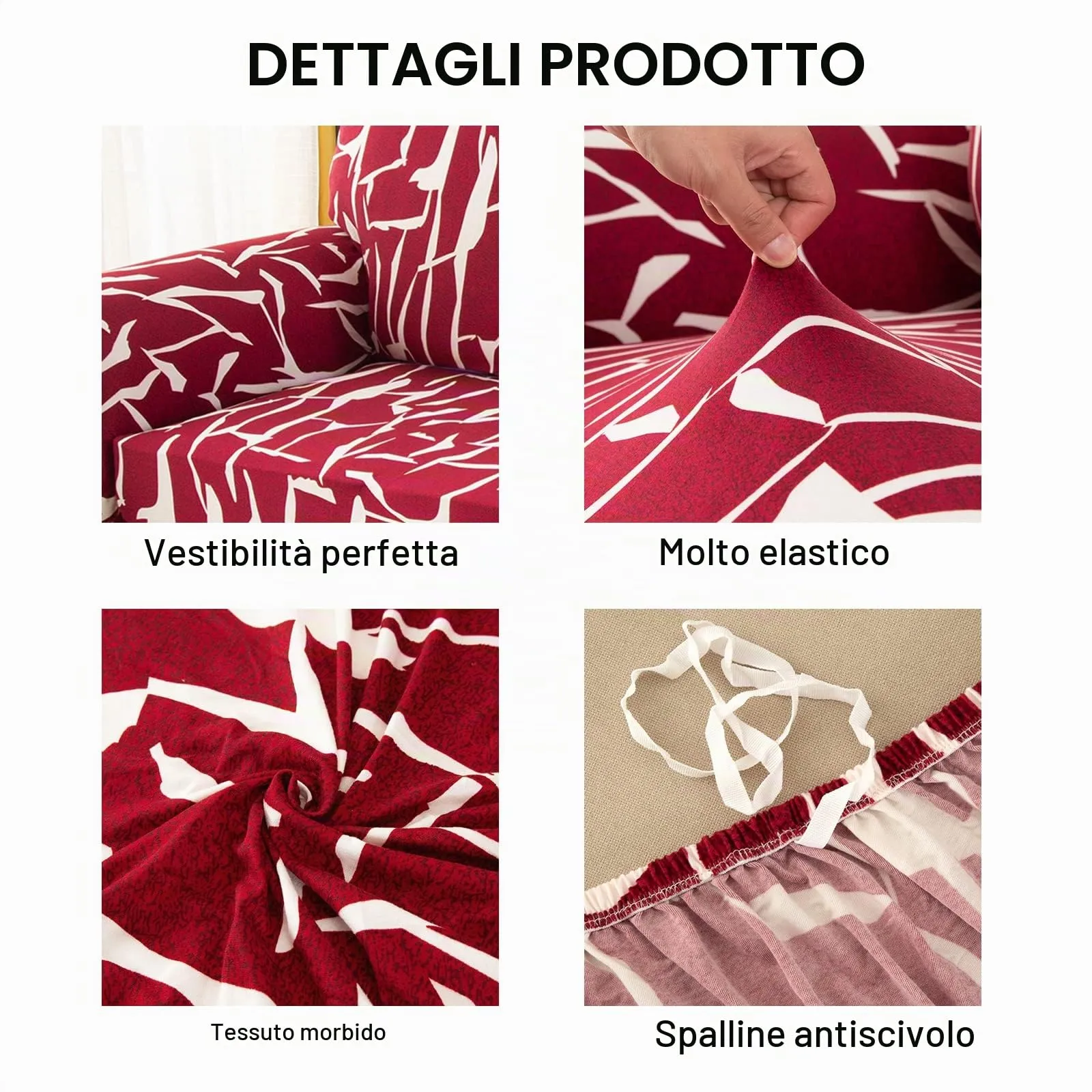 Jaotto Copridivano Elasticizzato 1 Posto, Fantasia Antiscivolo e Antimacchia, Astratto Bordeaux - immagine 4