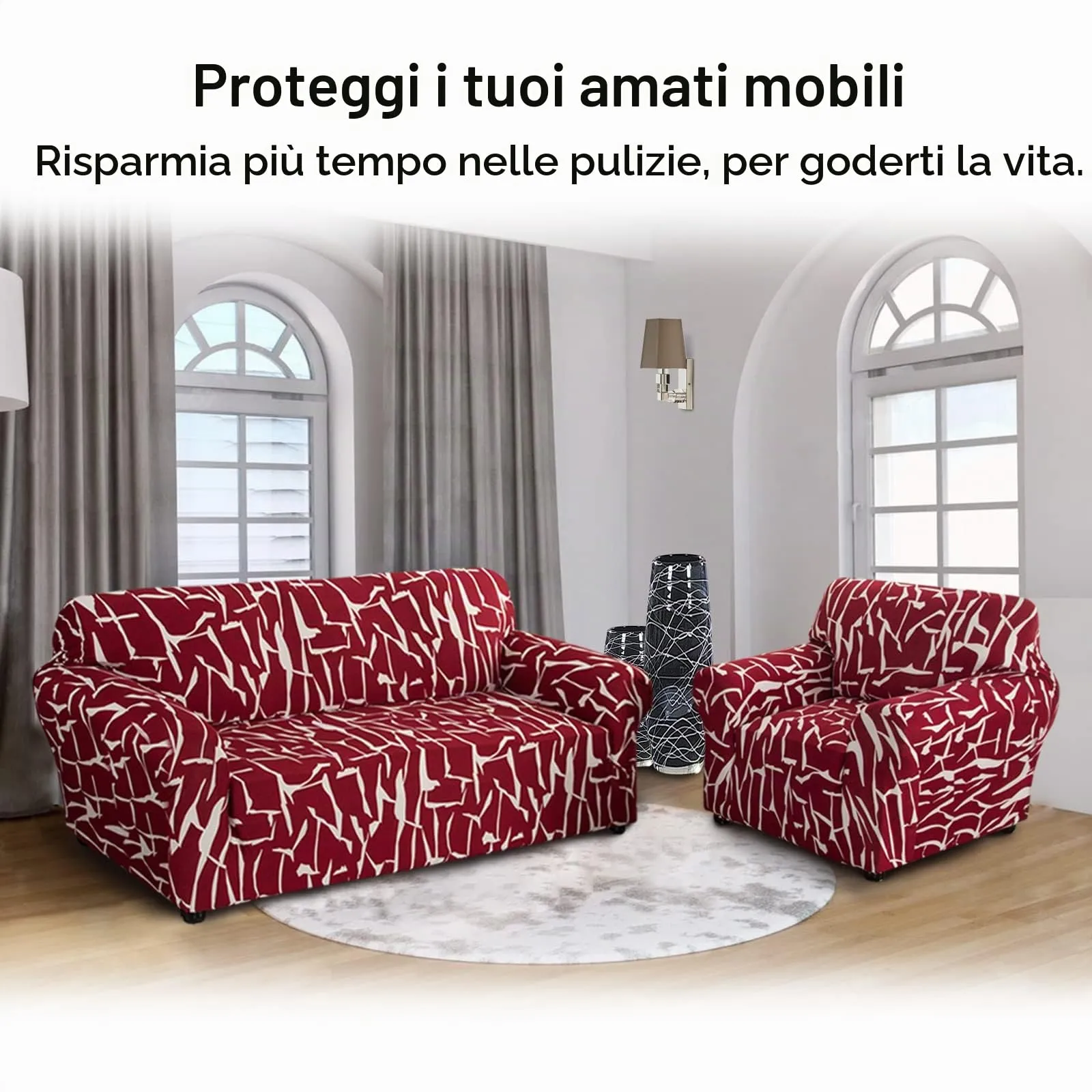 Jaotto Copridivano Elasticizzato 4 Posti, Fodera Antiscivolo e Antimacchia, Astratto Bordeaux - immagine 4