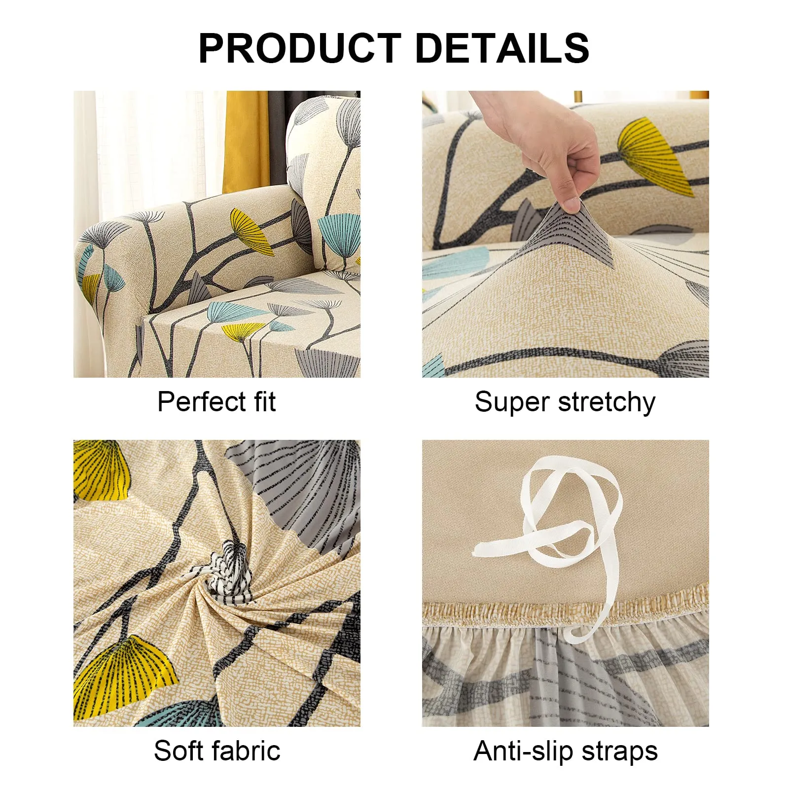 Jaotto Copridivano Elasticizzato 2 Posti, Fantasia Foglie Beige, Antiscivolo e Antimacchia - immagine 3