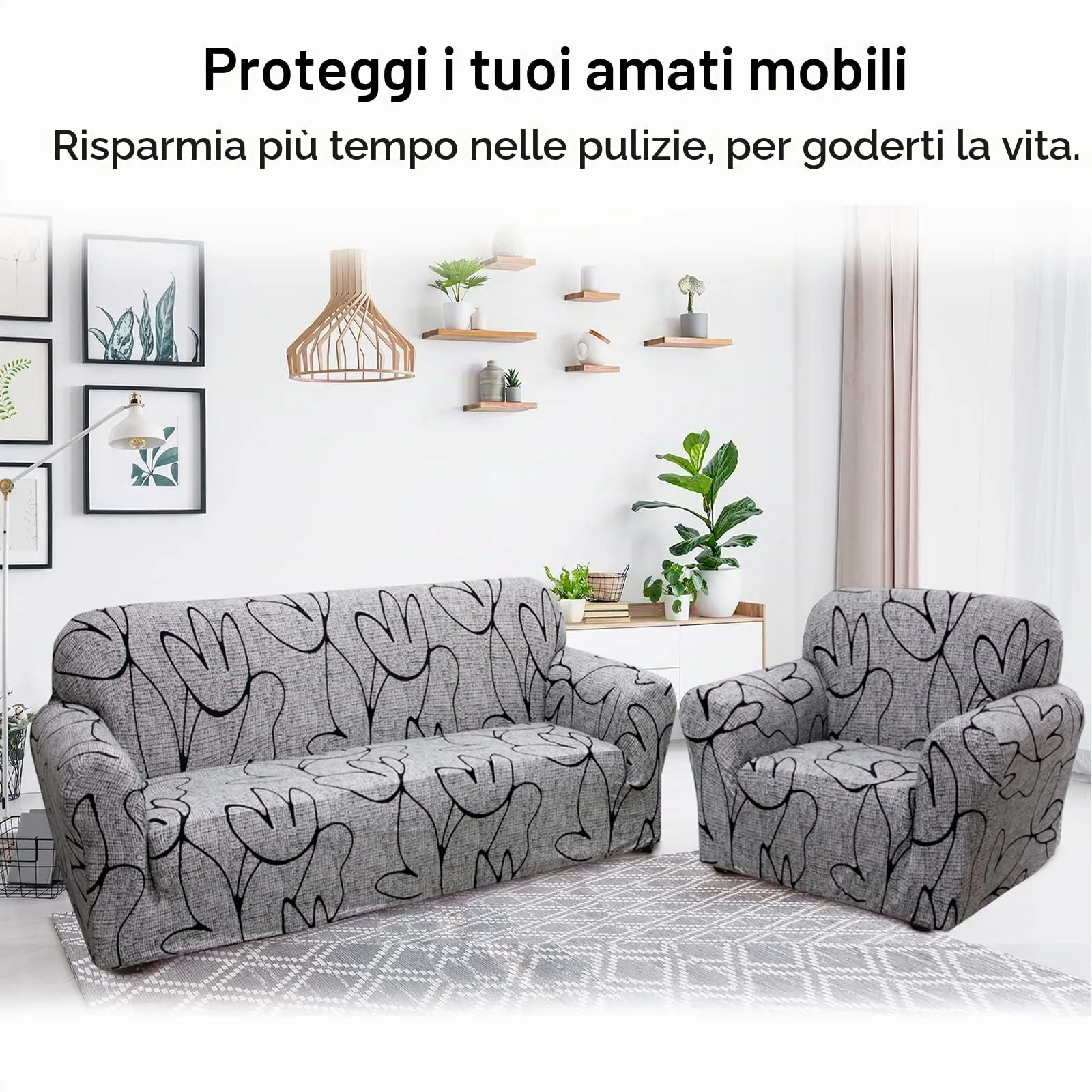 Jaotto Copridivano Elasticizzato 4 Posti, Fantasia Antiscivolo e Antimacchia, Grigio - immagine 3