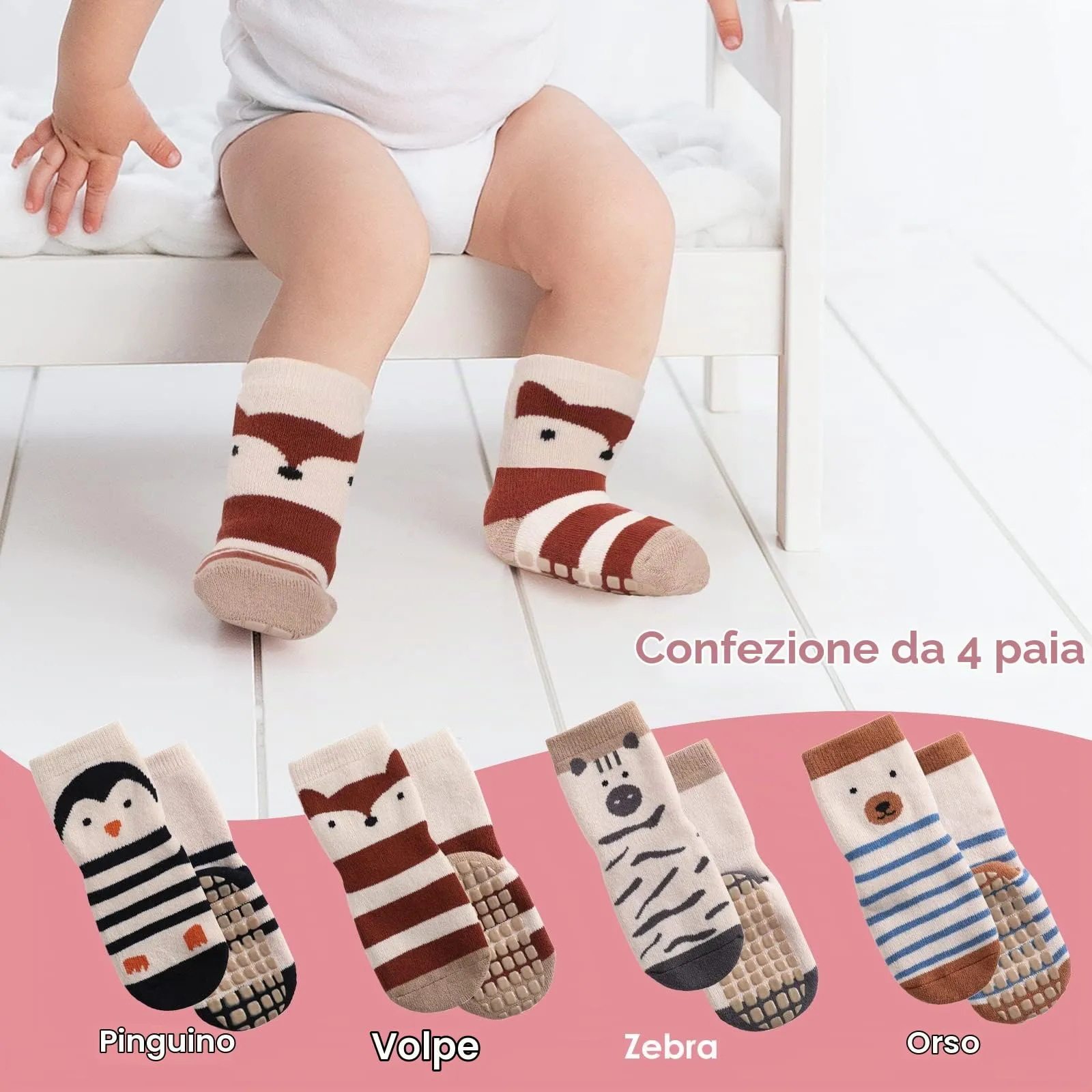 Simpeak Calzini Antiscivolo in Cotone per Neonato e Bambino, Invernali Ispessiti, 4 Paia, Stampa Animali, S - immagine 7