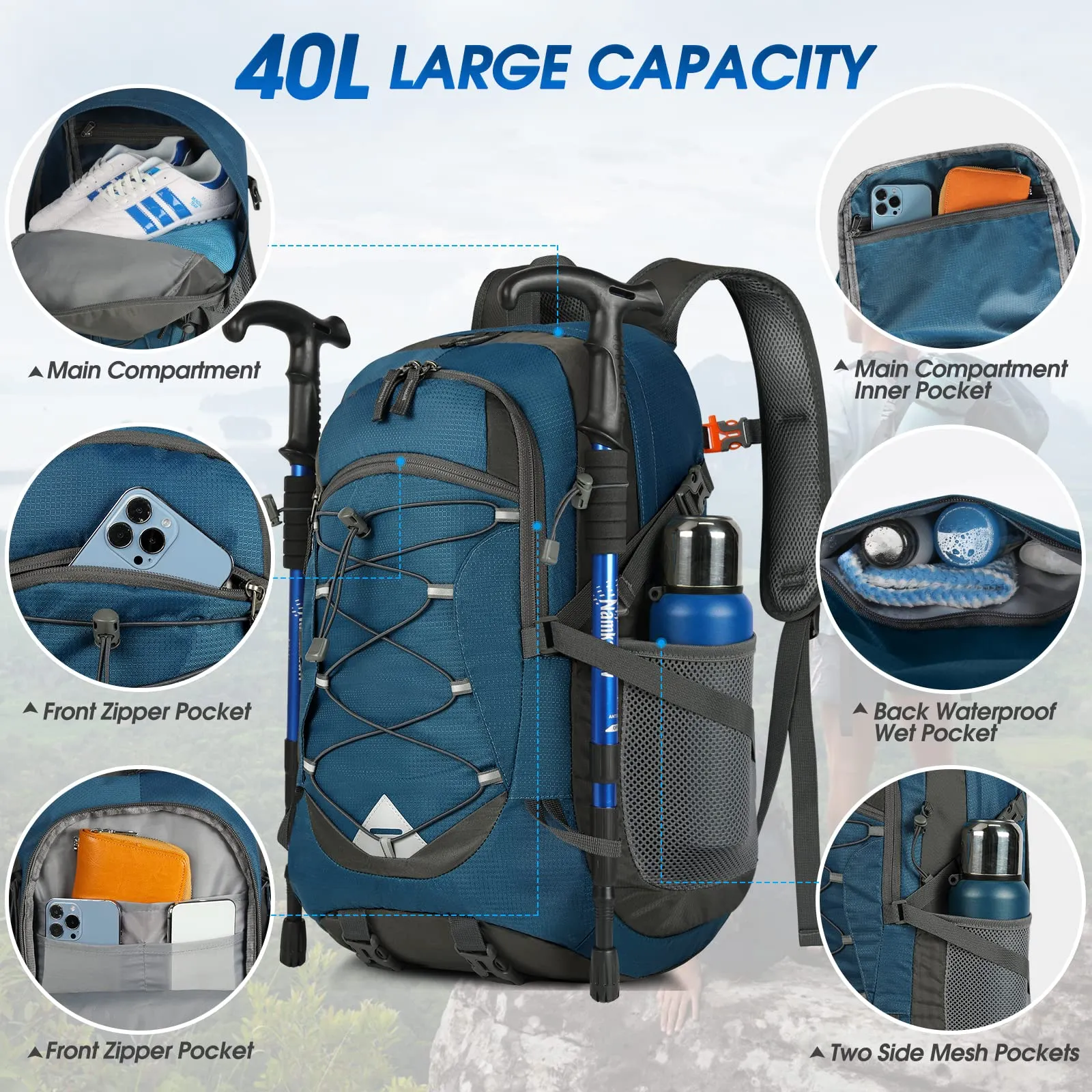 IGOLUMON Zaino Trekking 40L Ultraleggero Pieghevole Impermeabile con Strisce Riflettenti - immagine 3