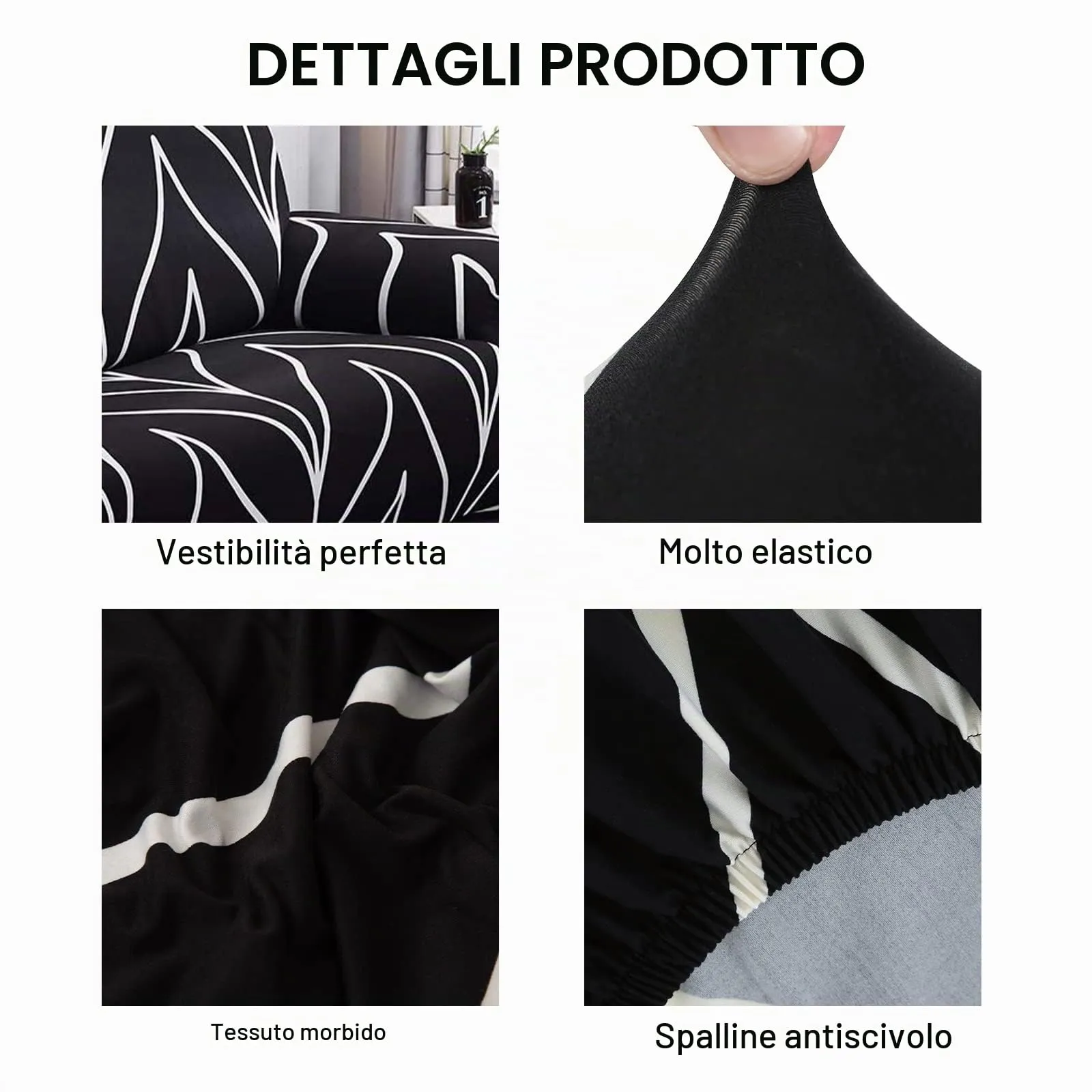 Jaotto Copridivano Elasticizzato 4 Posti, Fodera Antiscivolo e Antimacchia con Braccioli, Linea Nera - immagine 3