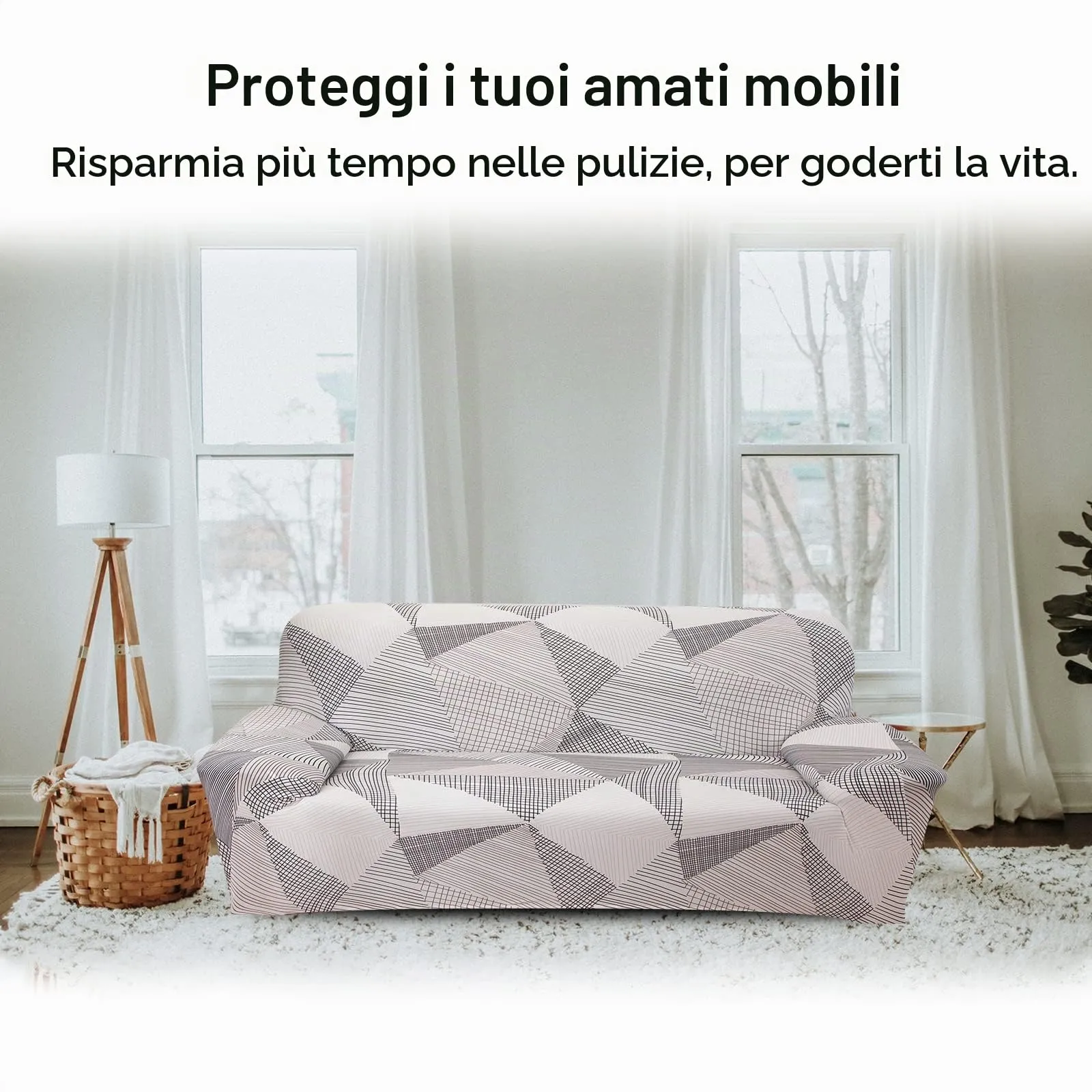 Jaotto Copridivano Elasticizzato 2 Posti, Fodera Antiscivolo e Antimacchia con Braccioli, Linea Bianca - immagine 5