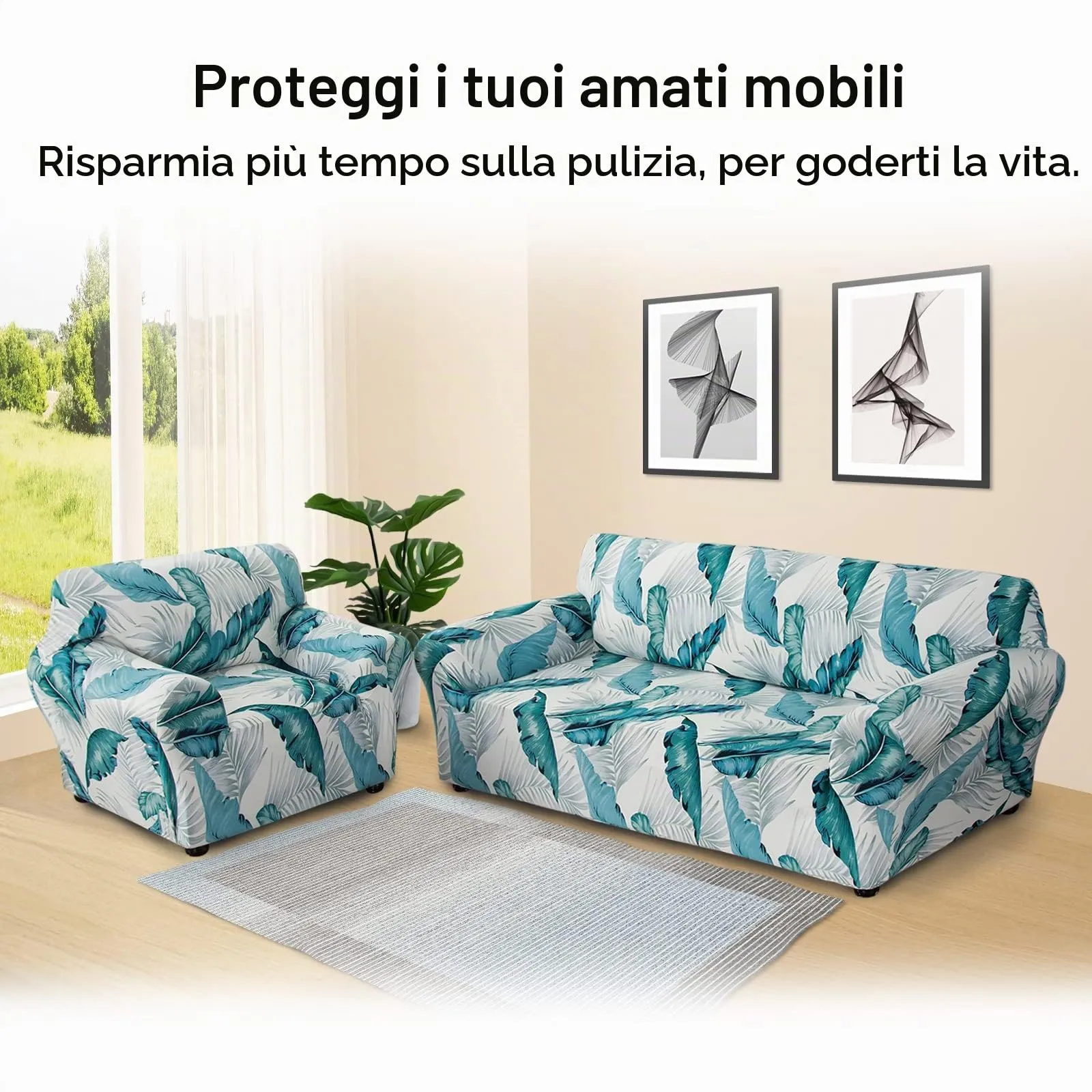 Jaotto Copridivano Elasticizzato 2 Posti Fantasia Antiscivolo Antimacchia Foglie Bianche - immagine 4