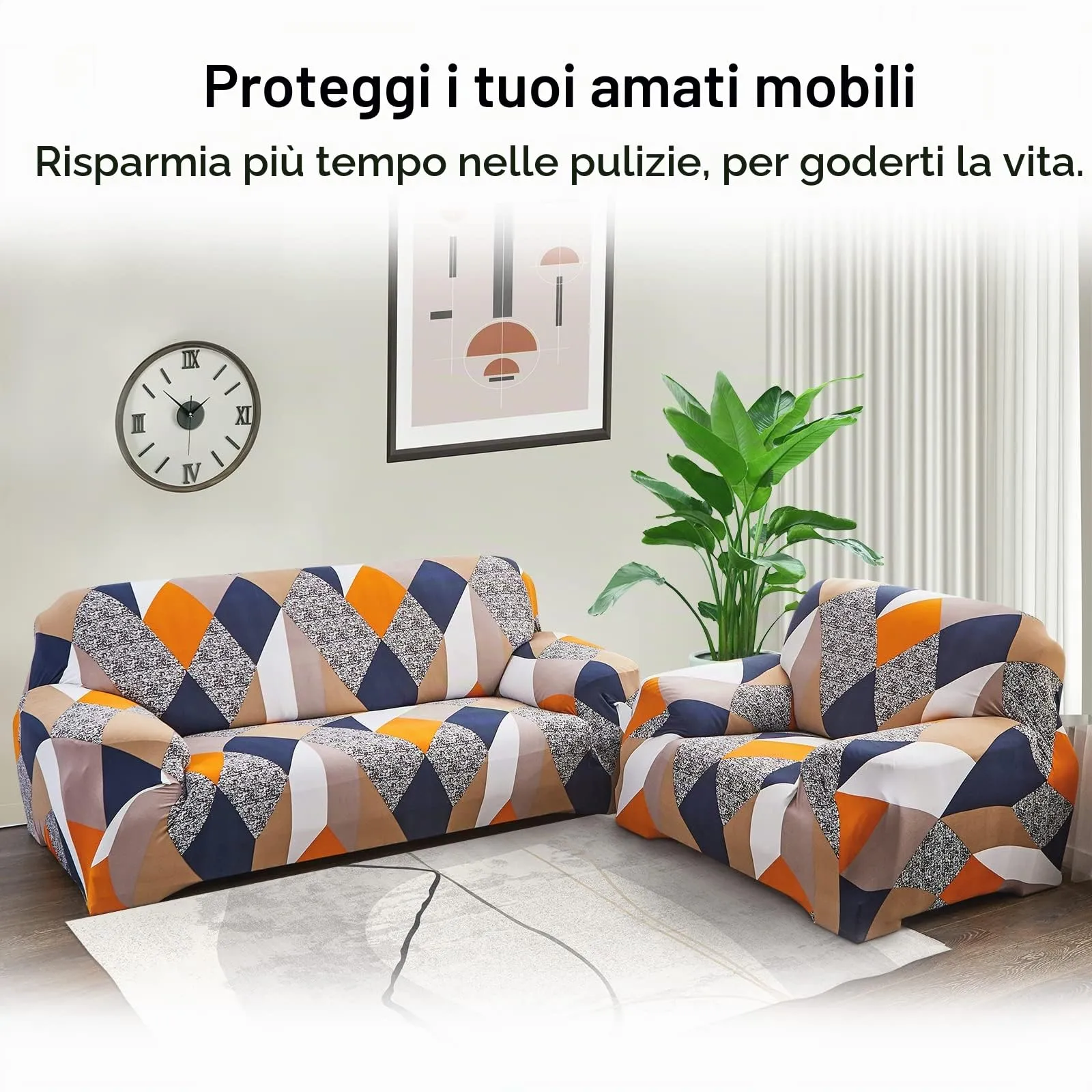 Jaotto Copridivano Elasticizzato 1 Posto, Fantasia Geometria Arancione, Antiscivolo e Antimacchia - immagine 4