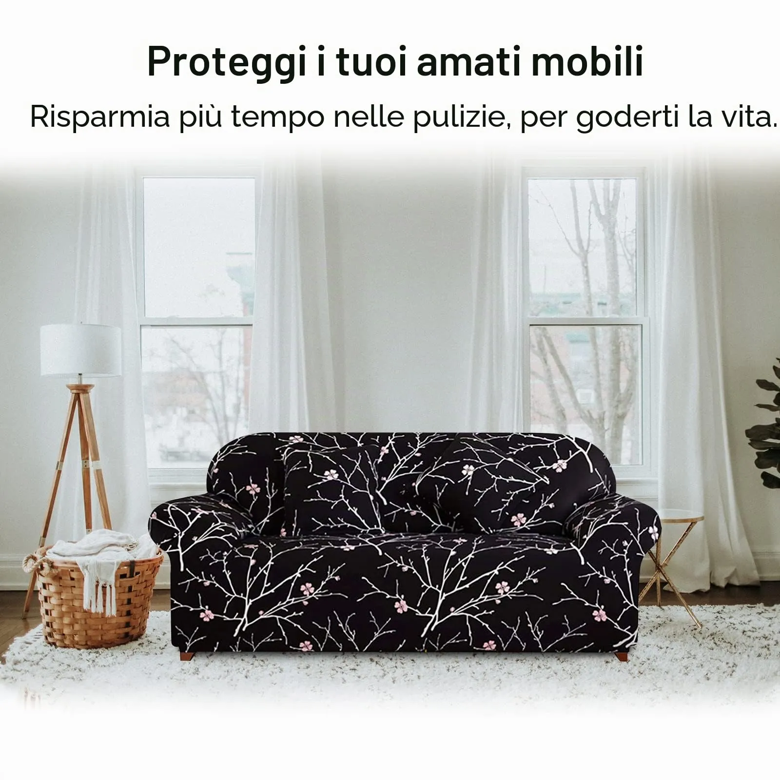 Jaotto Copridivano Elasticizzato 1 Posto, Fantasia Fiore Nera, Antiscivolo e Antimacchia - immagine 3