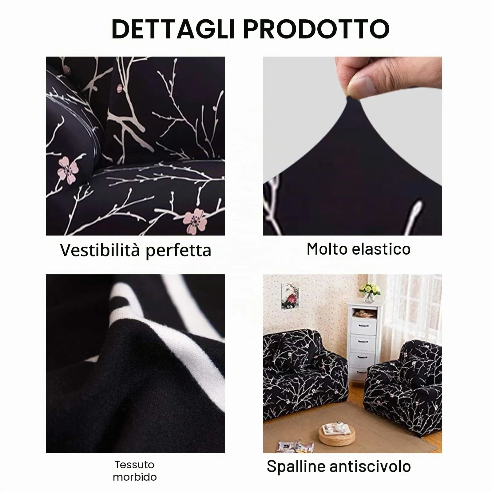 Jaotto Copridivano Elasticizzato 1 Posto, Fantasia Fiore Nera, Antiscivolo e Antimacchia - immagine 4