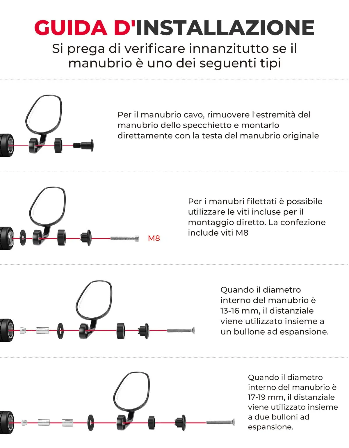 KEMIMOTO Specchietti Retrovisore Moto E24, Universali per Manubrio 22mm, 2 Pezzi - immagine 5