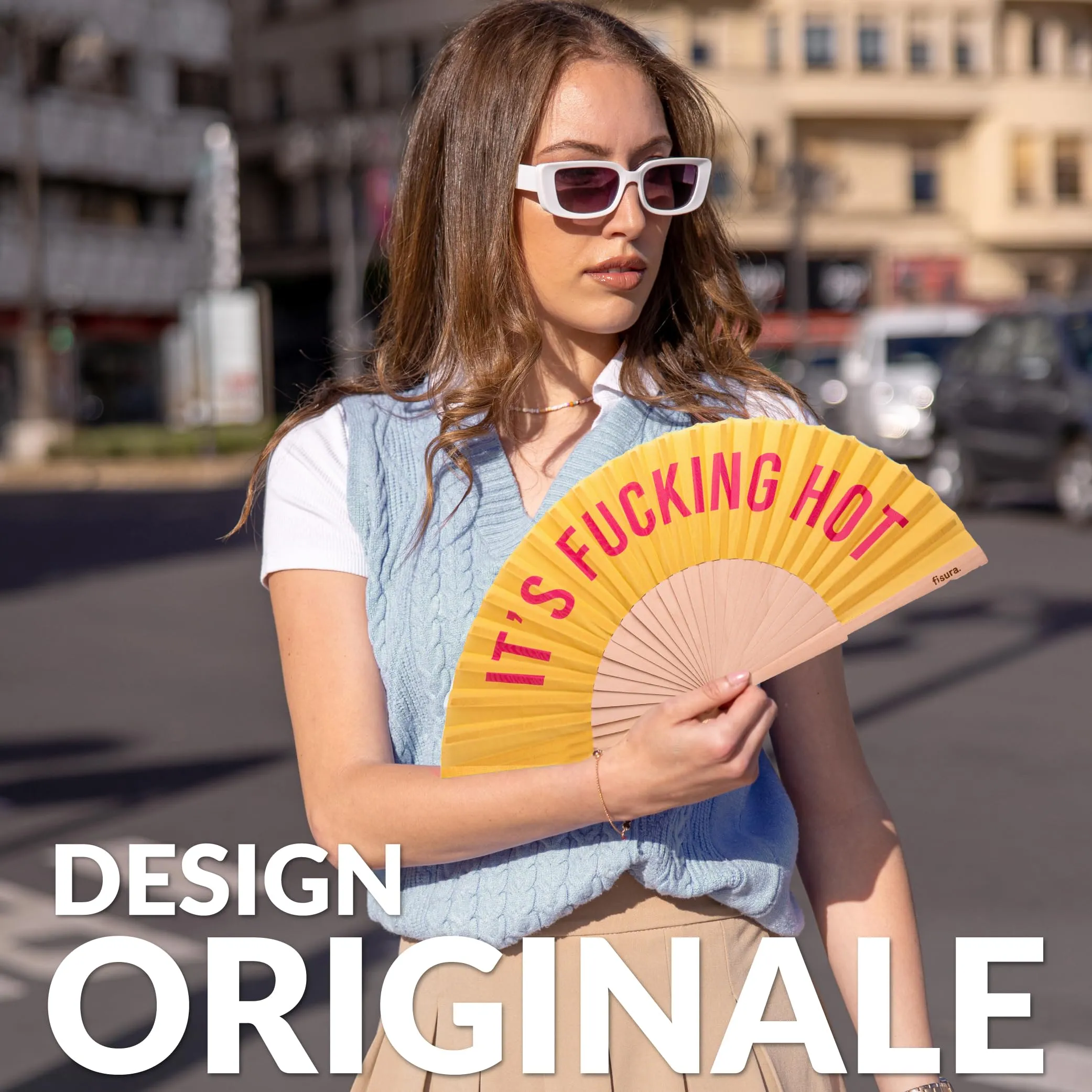 Fisura Ventaglio in Legno e Tessuto con Messaggio, 42,5 x 23 cm, Giallo - immagine 2