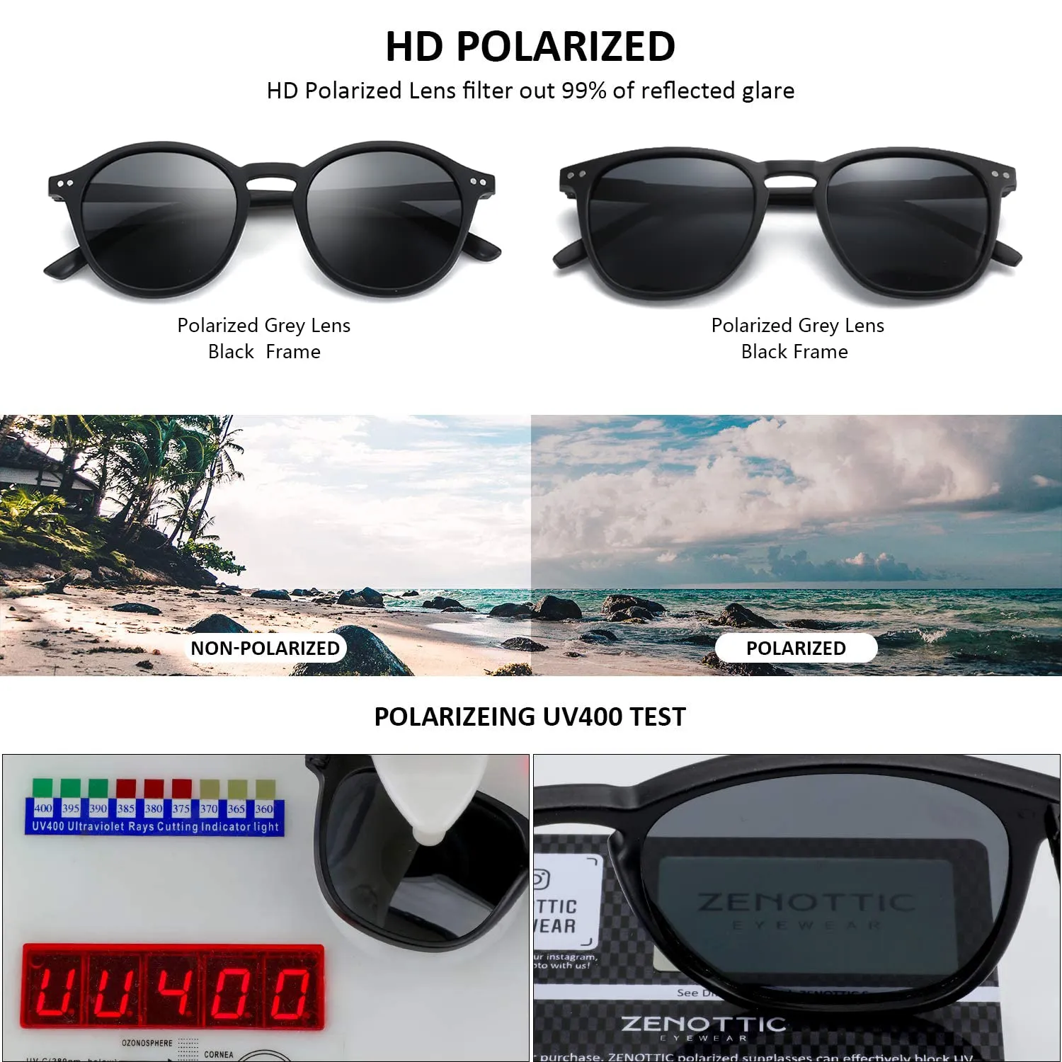 ZENOTTIC 2 Paia Occhiali da Sole Polarizzati Retro Vintage Rotondi e Quadrati Protezione UV400 Unisex - immagine 3
