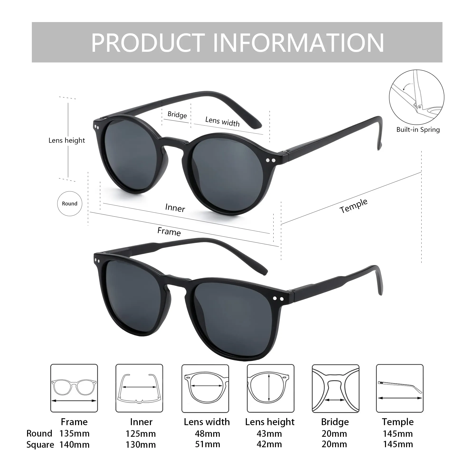 ZENOTTIC 2 Paia Occhiali da Sole Polarizzati Retro Vintage Rotondi e Quadrati Protezione UV400 Unisex - immagine 5