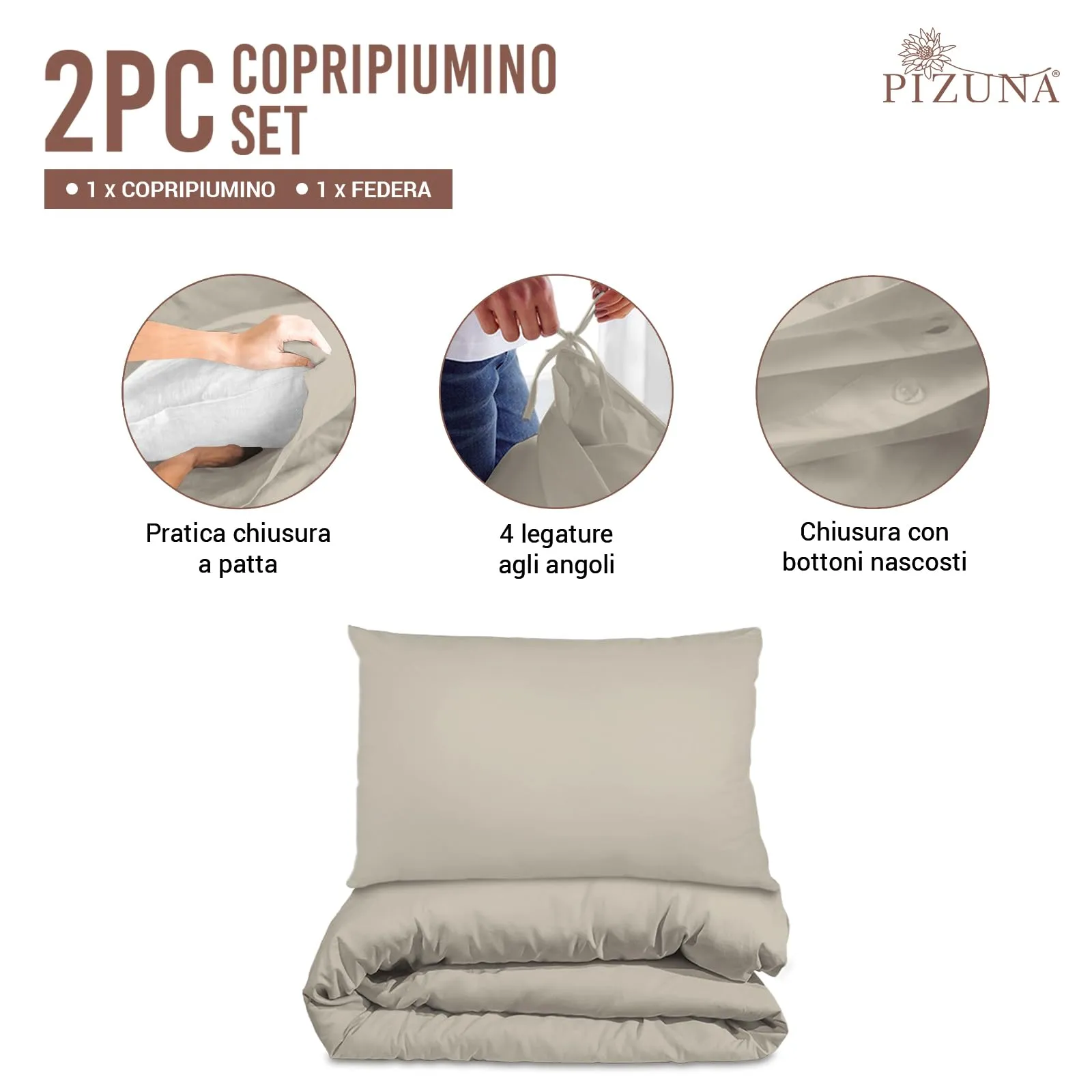 Pizuna Linens Set Copripiumino Singolo in Cotone 400 Fili, 150x200 cm, Tortora, 2 Pezzi - immagine 3