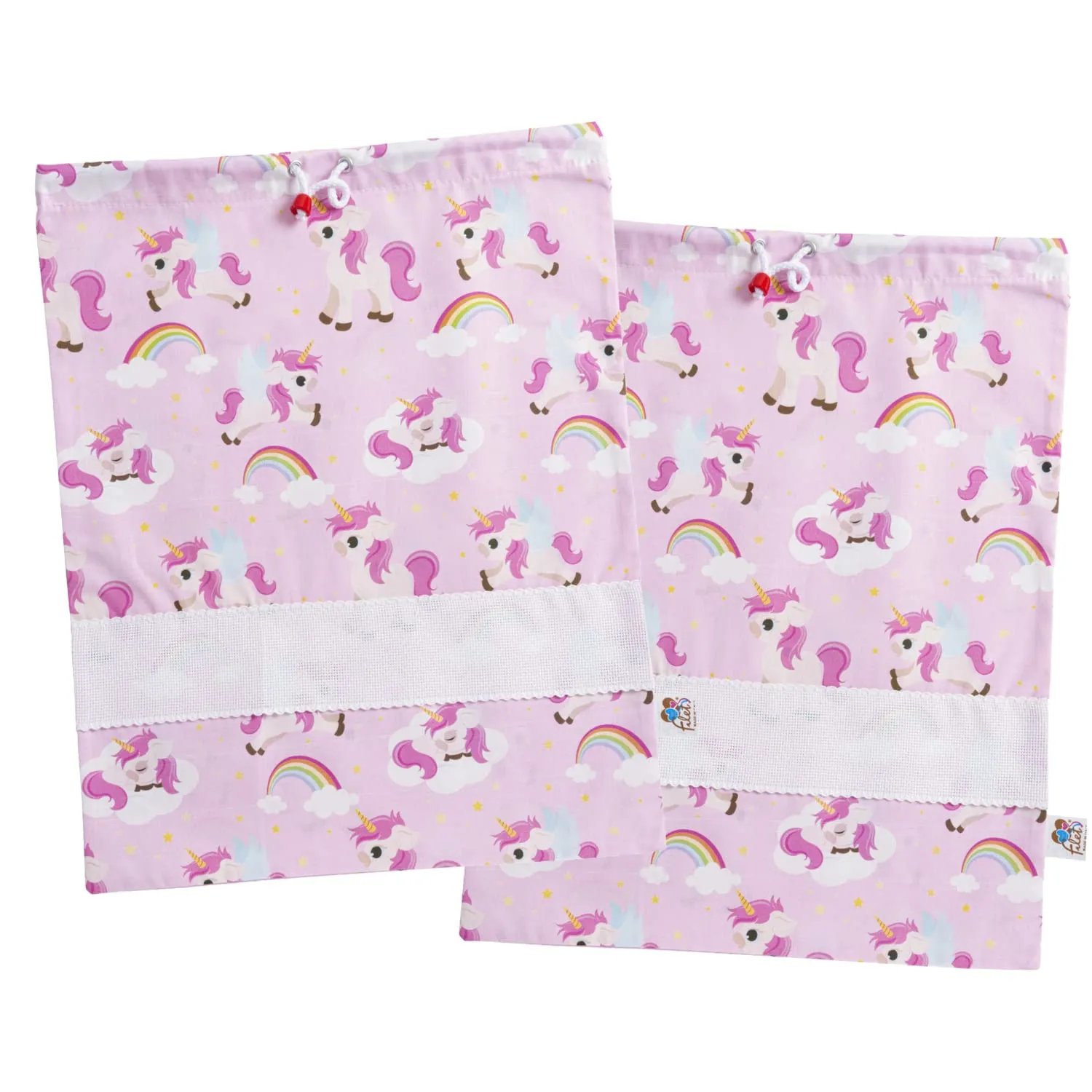 Filet Set 2 Sacchetti Asilo in Cotone Stampato con Tela Aida da Ricamare, Fantasia Unicorni, 42 x 34 cm - immagine 1