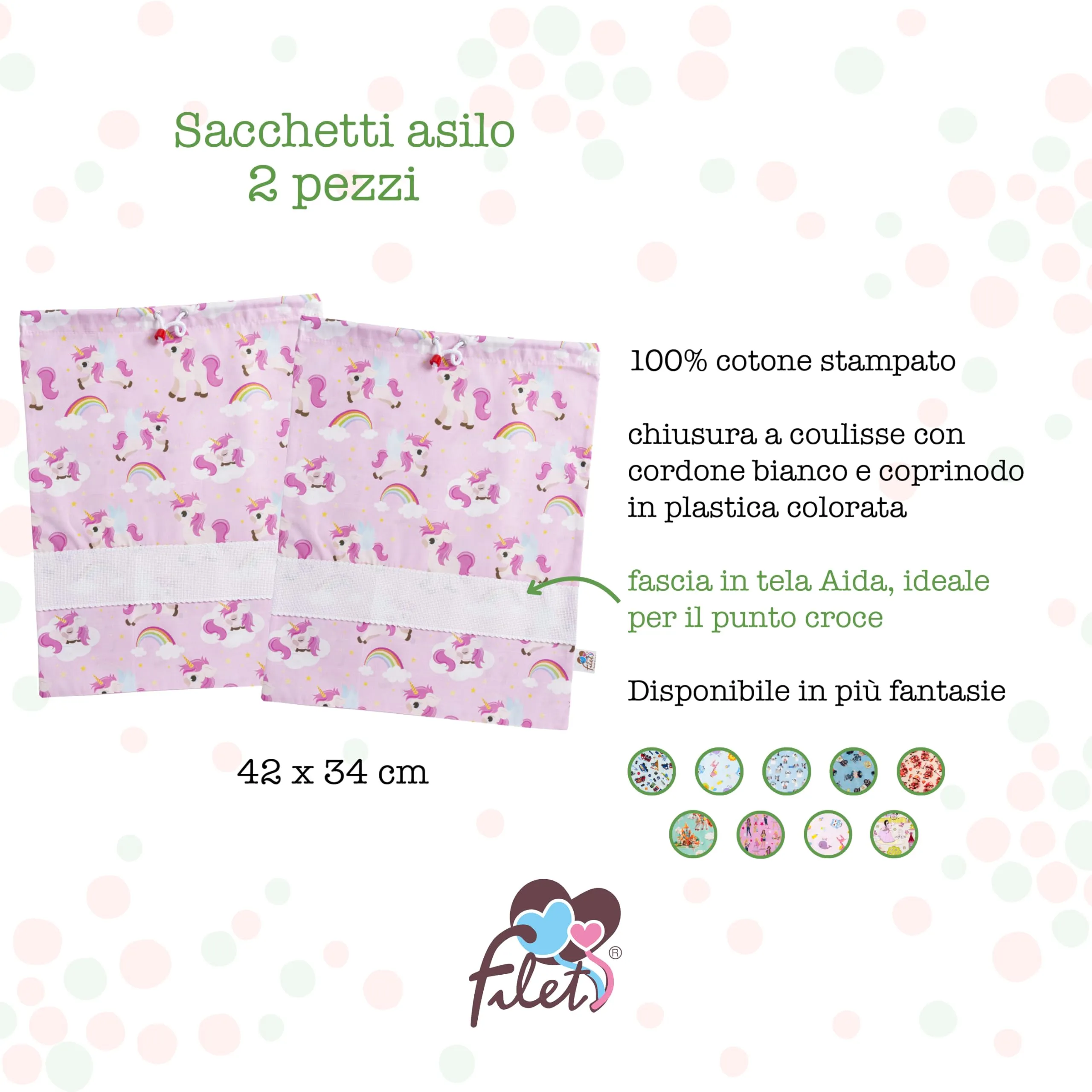 Filet Set 2 Sacchetti Asilo in Cotone Stampato con Tela Aida da Ricamare, Fantasia Unicorni, 42 x 34 cm - immagine 2