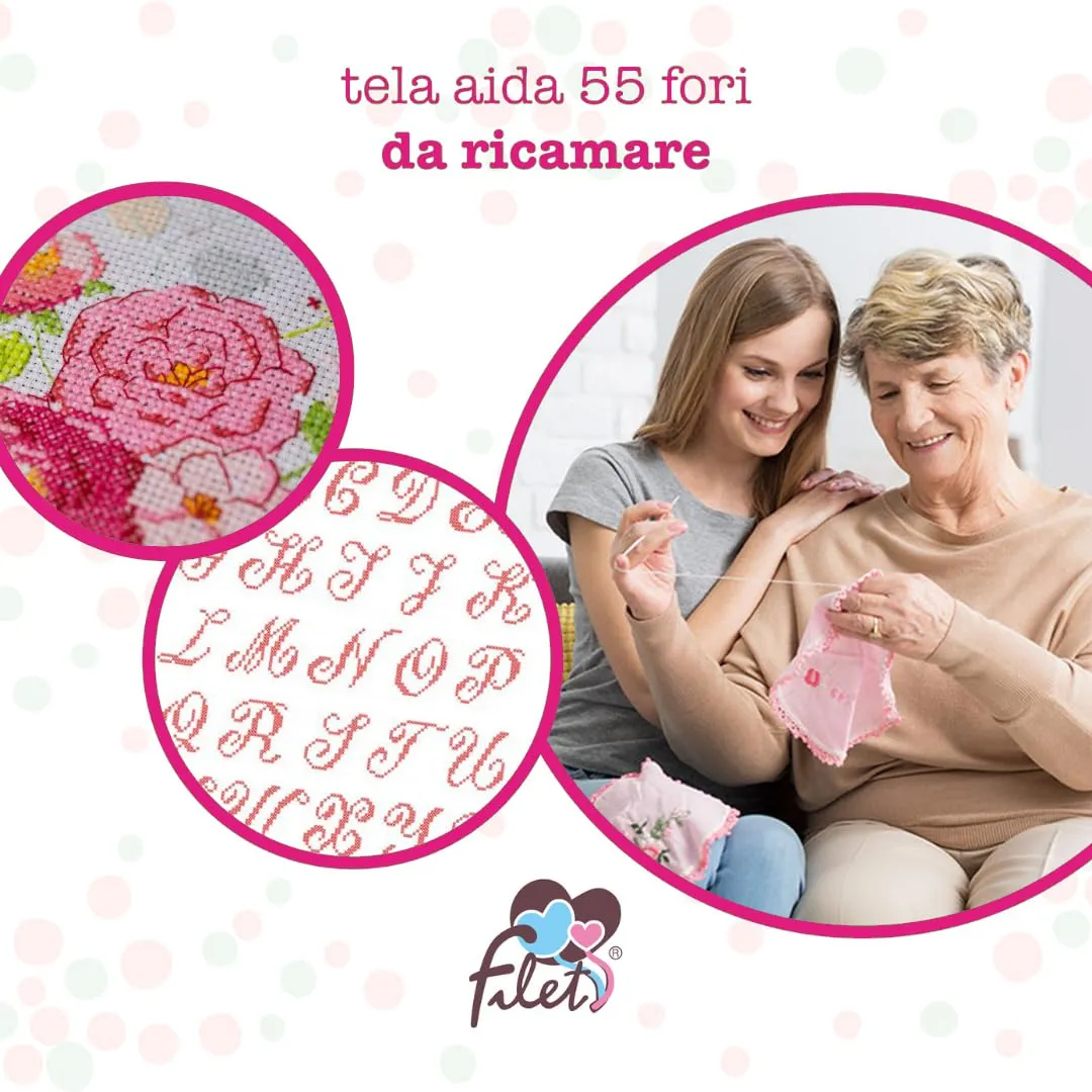 Filet Set 2 Sacchetti Asilo in Cotone Stampato con Tela Aida da Ricamare, Fantasia Unicorni, 42 x 34 cm - immagine 4