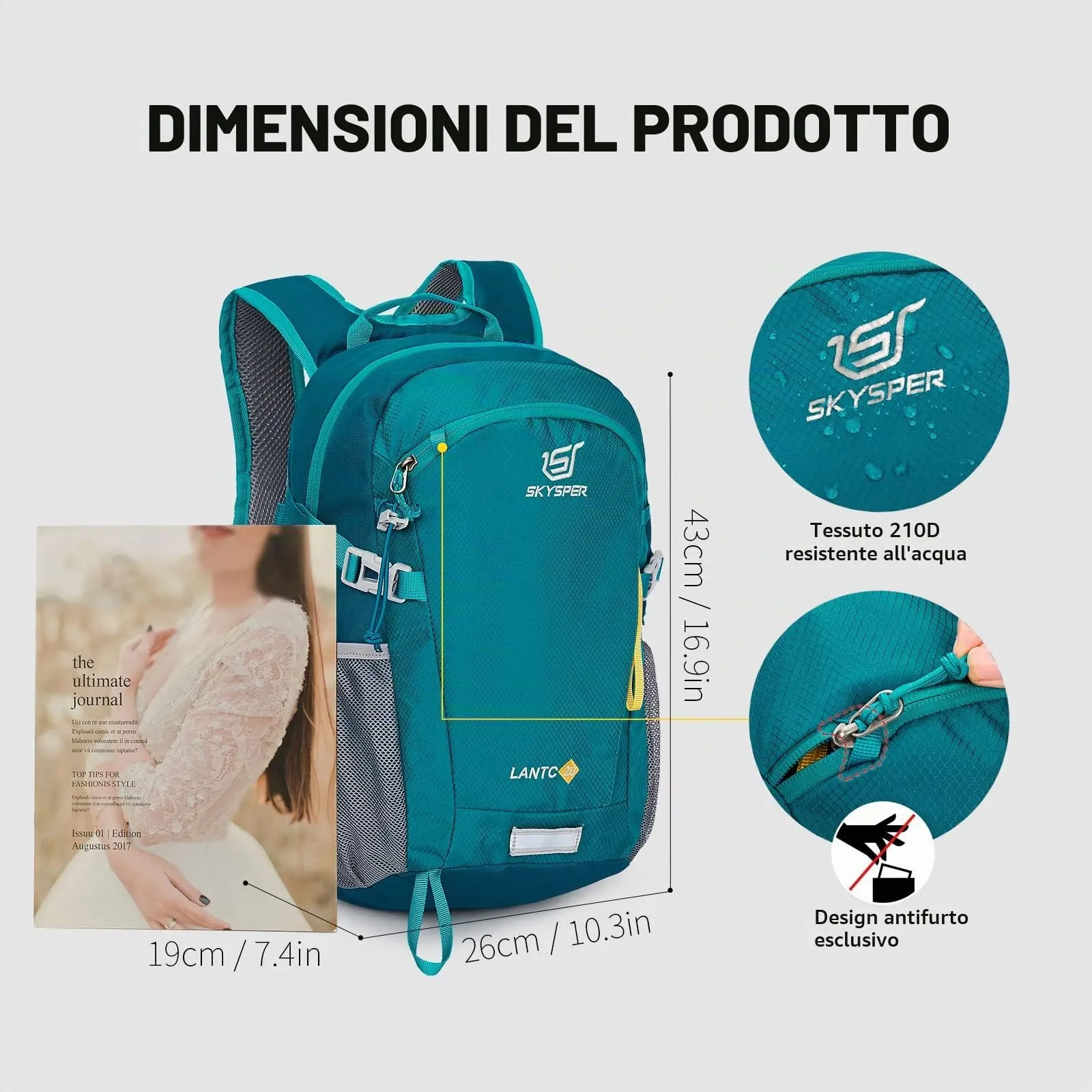 SKYSPER Zaino da Hiking 20L Scozzese Ciano - immagine 6