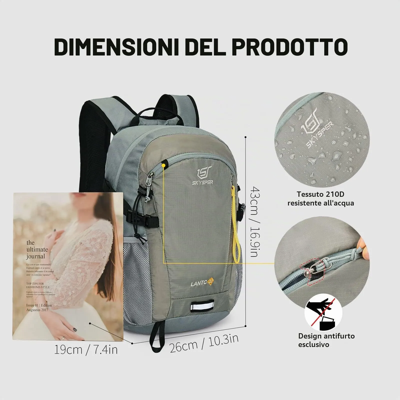 SKYSPER Zaino da Hiking 20L Scozzese Grigio Chiaro - immagine 6