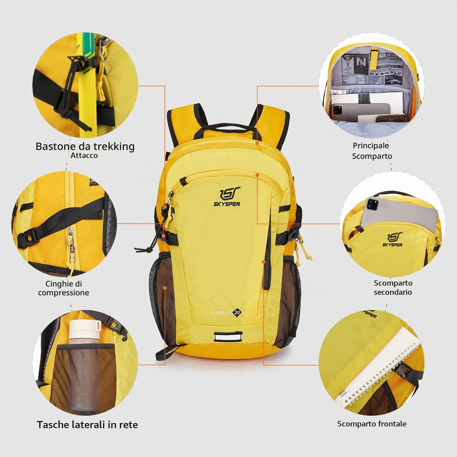 SKYSPER Zaino da Hiking 20L Scozzese Giallo - immagine 5