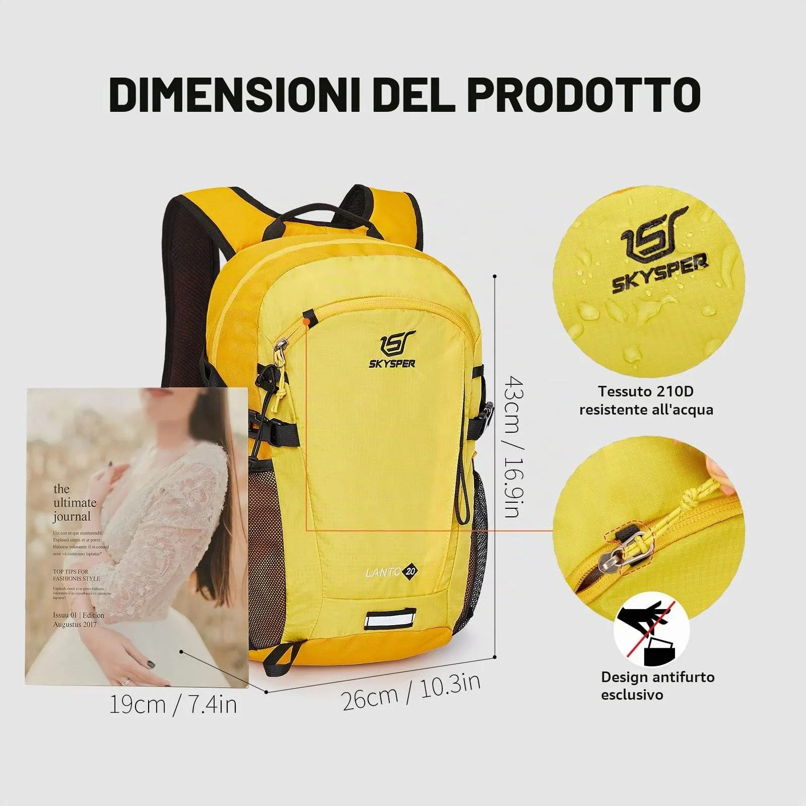 SKYSPER Zaino da Hiking 20L Scozzese Giallo - immagine 6