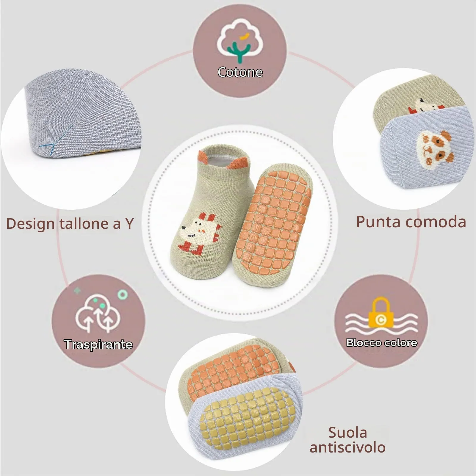 YANWANG Calzini Alla Caviglia Antiscivolo per Neonati e Bambini, 6 Paia, 0-12 mesi, A4-bird - immagine 3
