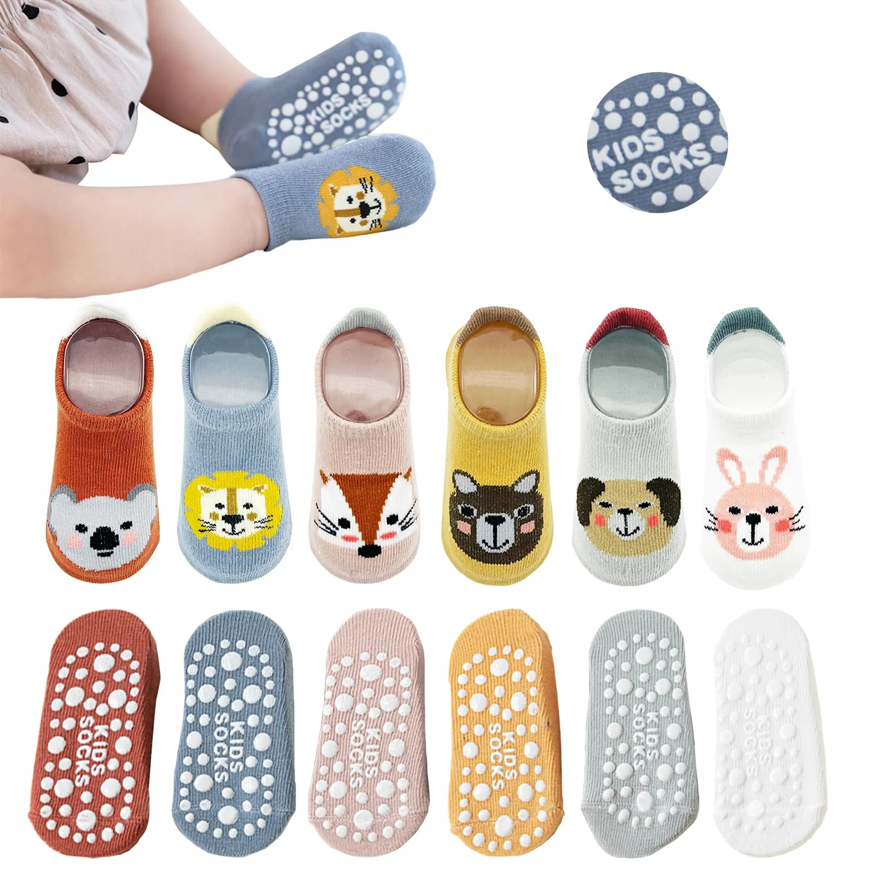 YANWANG Calzini Alla Caviglia Antiscivolo per Neonati e Bambini, 6 Paia, 1-3 anni, A1-koala - immagine 1
