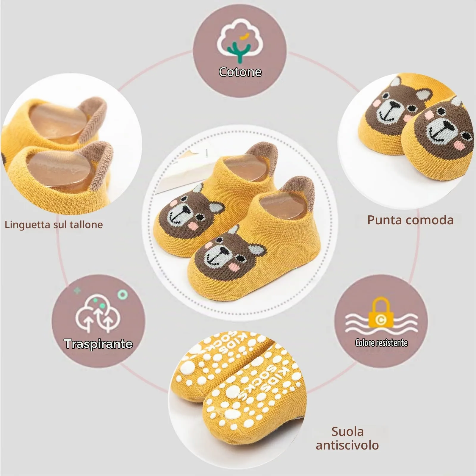 YANWANG Calzini Alla Caviglia Antiscivolo per Neonati e Bambini, 6 Paia, 1-3 anni, A1-koala - immagine 2