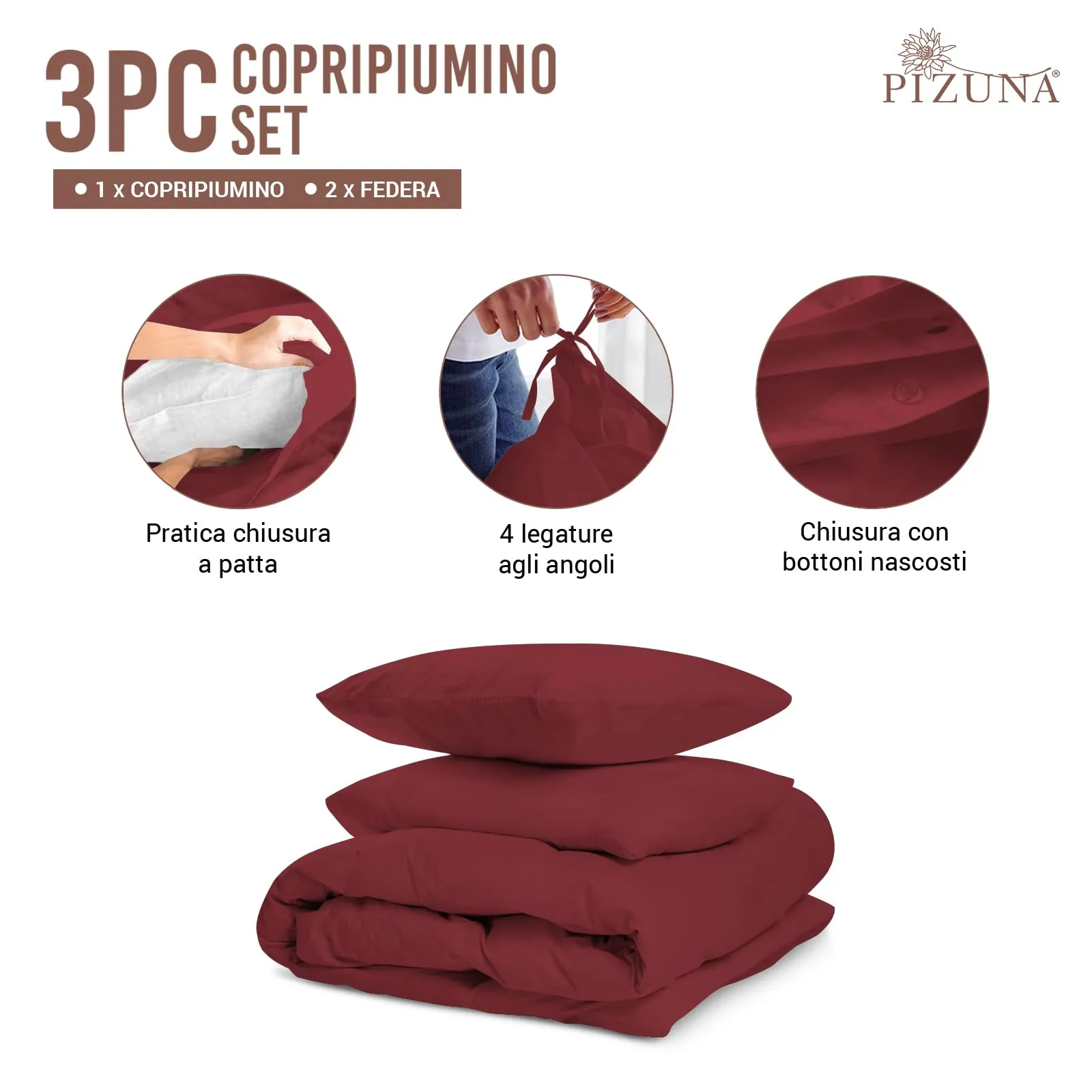 Pizuna Linens Set Copripiumino Matrimoniale in Cotone 400 Fili, 240x200cm, Rosso, 3 Pezzi - immagine 3