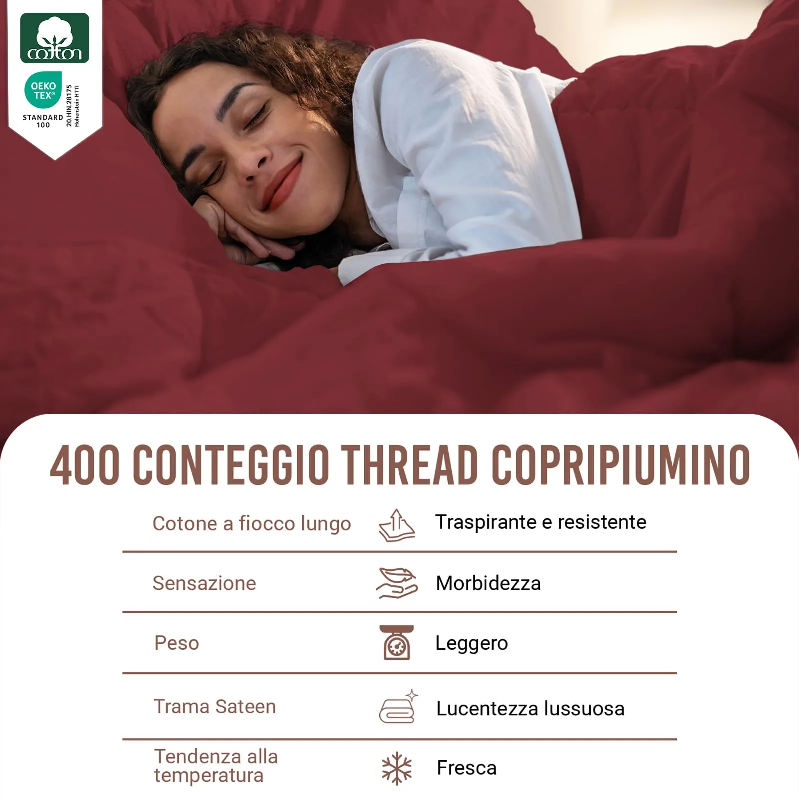 Pizuna Linens Copripiumino Singolo in Cotone 400 fili, 150x200 cm, Rosso, Set 2 Pezzi - immagine 2